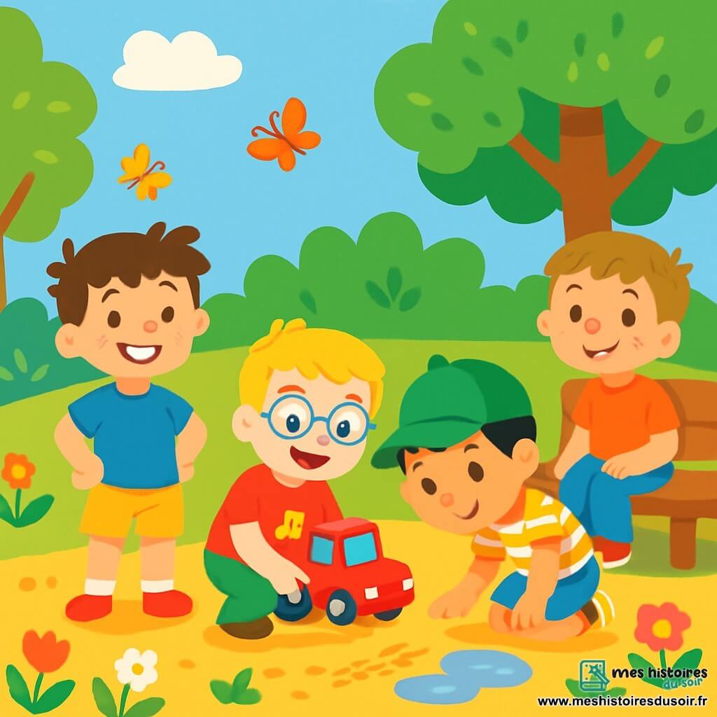 Quatre enfants sont présents : Léo, un garçon de 4 ans aux cheveux bruns, souriant et vêtu d'un t-shirt bleu et d'un short jaune ; Max, avec des cheveux blonds et des lunettes rondes, accroupi avec son camion rouge ; Sami, aux cheveux noirs et casquette verte, penché sur une trace de sable ; et Tom, avec des cheveux châtains et des taches de rousseur, assis sur un banc en bois. Ils se trouvent dans un jardin ensoleillé, rempli de fleurs et de verdure, où ils cherchent le camion de Max, examinant le sol avec des traces de roues dans le sable. L'ambiance est joyeuse et pleine d'aventure.