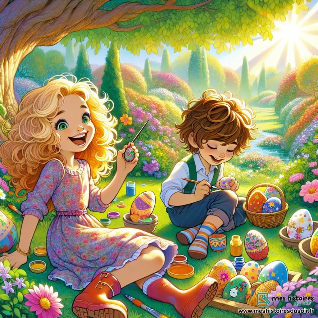 Lila, une petite fille de 10 ans aux cheveux bouclés et dorés, sourit en peignant des œufs de Pâques colorés dans un jardin ensoleillé. Elle porte une robe à fleurs et des bottes en caoutchouc. À ses côtés, Tom, son meilleur ami de 9 ans aux cheveux bruns en bataille, rit en tenant un œuf en bois décoré en forme de dinosaure. Clara, une fille de 8 ans aux cheveux longs, décore son œuf avec des étoiles et des arcs-en-ciel. Le jardin, rempli de fleurs éclatantes et d'un grand arbre, crée une ambiance joyeuse. Cette scène représente un moment magique de créativité et de rires entre enfants en célébration de Pâques.