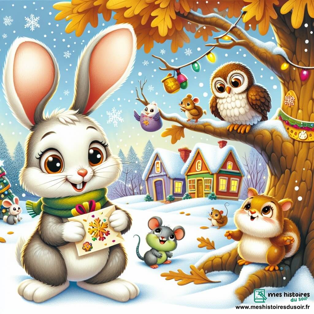 Illustration d'un petit lapin aux grandes oreilles blanches, avec des yeux curieux et un sourire enthousiaste, tenant une lettre colorée et regardant un grand chêne aux feuilles dorées. À ses côtés, une petite souris grise admire la lettre, tandis qu'un hibou brun, concentré, se perche sur une branche. Une grenouille verte souriante saute joyeusement près du lapin. La scène se déroule dans une cour de récréation en hiver, recouverte de neige scintillante, entourée de maisons colorées décorées de guirlandes lumineuses et de flocons de neige tombant. Le lapin et ses amis se préparent à livrer une lettre au Père Noël, dans une ambiance d'excitation et de camaraderie, avec des flocons de neige dansant et des empreintes de pattes dans la neige, symbolisant le début de leur aventure.
