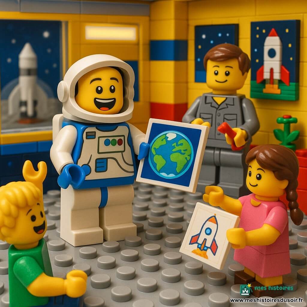 Un astronaute souriant au casque ouvert, en combinaison blanche et bleue à patches colorés, montre une grande photo de la Terre au groupe tandis qu'il explique et partage son équipement ; derrière lui à droite, Sam, un ingénieur d’une trentaine d’années aux cheveux bruns courts en tenue grise d’atelier, applaudit doucement en tenant un petit outil rouge ; à l’avant gauche un garçon blond en tee-shirt vert lève la main avec enthousiasme et, près de l’astronaute à droite, une fillette châtain en nattes en robe rose tend un dessin de fusée ; la scène se déroule dans une salle de conférence spatiale en briques avec grandes baies vitrées donnant sur un module de fusée extérieur, panneaux lumineux, écrans muraux d’étoiles et affiches colorées, ambiance chaleureuse, éducative, gestes expressifs, couleurs vives et éclairage doux.