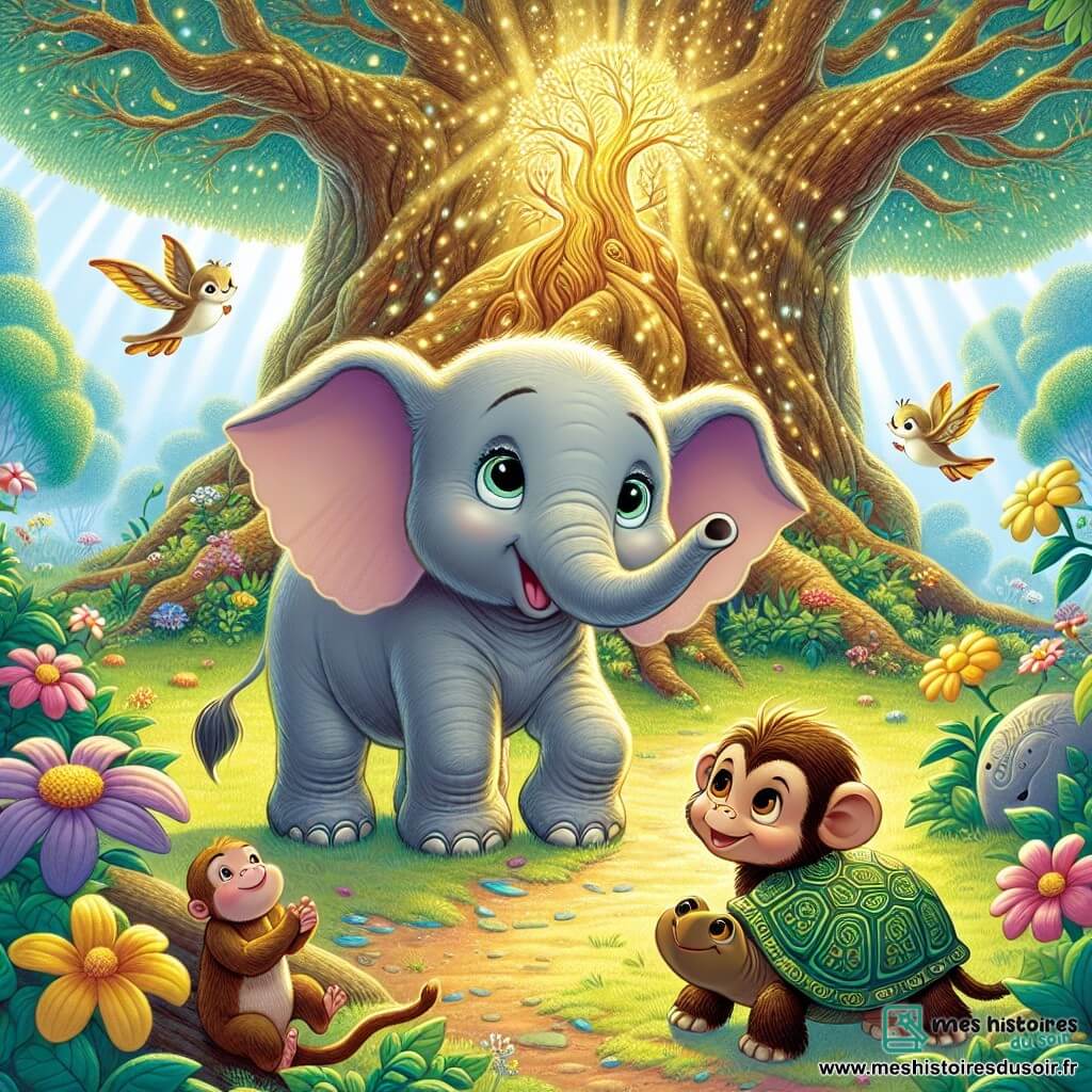 Un jeune éléphant nommé Émile, avec une peau grise douce et de grandes oreilles, se tient au centre de la forêt enchantée, les yeux brillants d'excitation et un large sourire. À ses côtés, un petit singe espiègle nommé Max grimpe sur une branche, tandis qu'une tortue sage appelée Tessa observe au sol. La scène se déroule dans une forêt magique, avec des arbres majestueux aux feuilles dorées et des fleurs colorées. Émile, entouré de ses amis, découvre l'Arbre des Souhaits, immense et lumineux, prêt à exaucer un vœu, tandis qu'un rayon de soleil filtre à travers les branches, créant une ambiance féerique.
