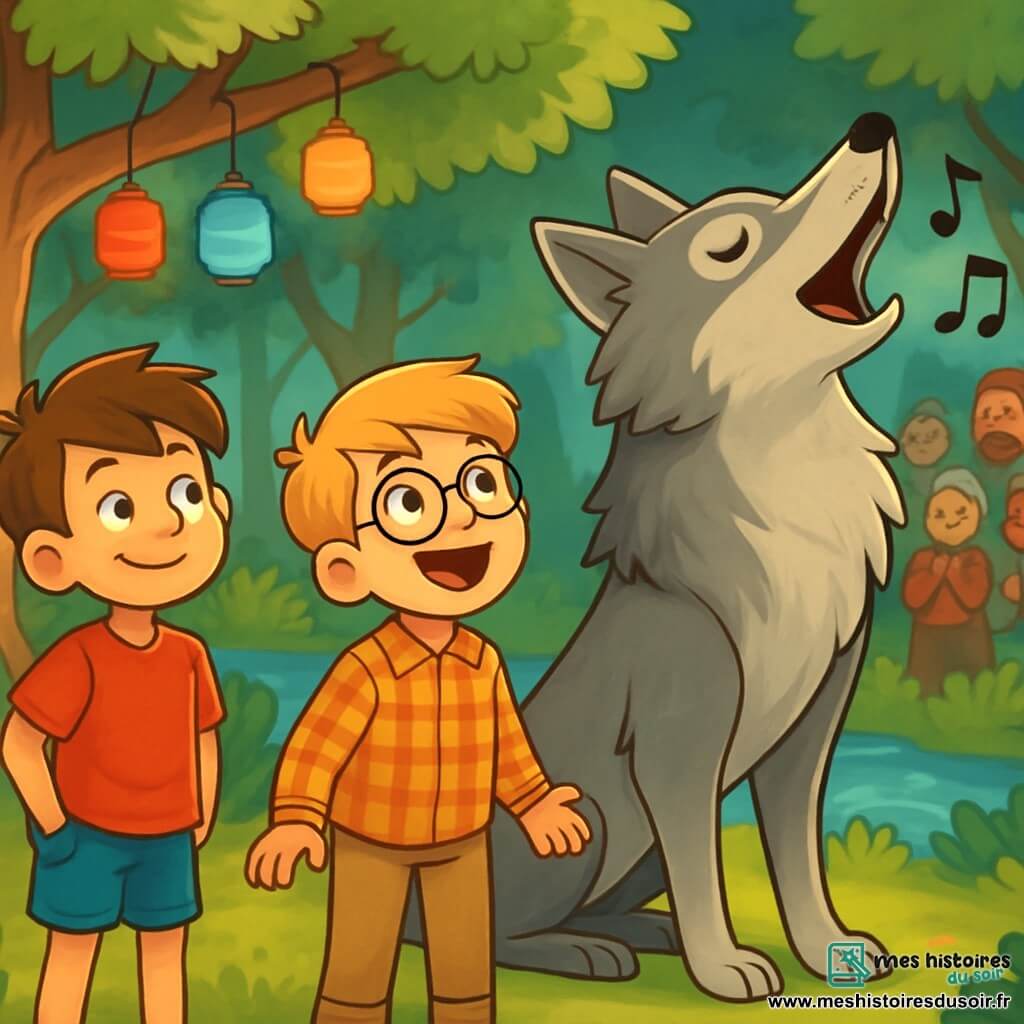 Trois personnages se trouvent dans une clairière enchantée de la forêt des murmures : Lucas, un garçon de 9 ans aux cheveux bruns en bataille, souriant au loup ; Théo, également âgé de 9 ans, avec des cheveux blonds et des lunettes, affichant une expression d'émerveillement ; et un grand loup majestueux au pelage argenté, prêt à chanter. La clairière est entourée d'arbres majestueux et de lanternes colorées, tandis qu'un ruisseau scintille en arrière-plan. Le loup chante avec passion, tandis que Lucas et Théo l'écoutent, leurs visages rayonnant de joie. Les villageois, captivés par la mélodie, créent une ambiance festive.
