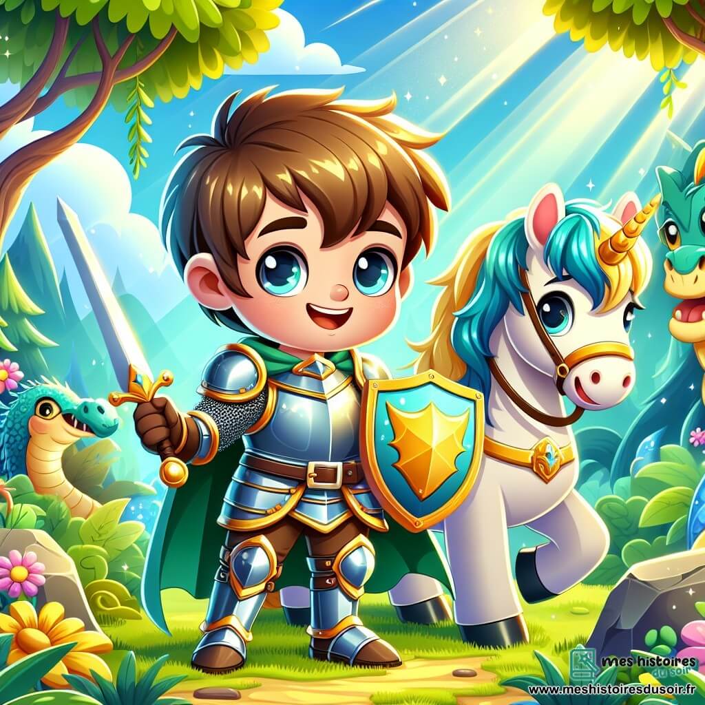 Un jeune chevalier nommé Léo, âgé d'environ 10 ans, se tient courageusement au centre de l'image, portant une armure brillante et affichant un grand sourire. À ses côtés, son fidèle poney Biscotte, aux poils dorés, le regarde avec affection, prêt pour l'aventure. La scène se déroule dans une forêt enchantée, avec des arbres majestueux, des feuilles vertes éclatantes et des fleurs colorées. Des rayons de soleil filtrent à travers les branches, créant des ombres dansantes. Léo se prépare à affronter un dragon magique caché derrière un rocher, avec une expression courageuse et un peu inquiète. Le dragon, aux écailles scintillantes de bleu et de vert, émet une légère fumée, ajoutant du mystère à la scène.