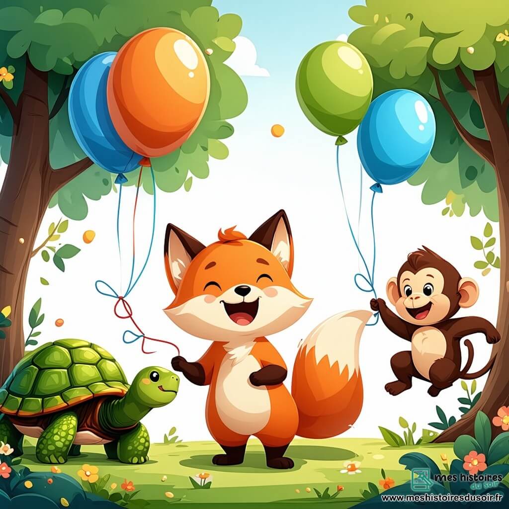 Un renard nommé Félix, au pelage roux éclatant, se tient au centre de la scène, riant aux éclats avec un ballon coloré. À ses côtés, Tania la tortue essaie de garder son équilibre sur un ballon, tandis que Max le singe saute joyeusement d'une branche à l'autre. La scène se déroule dans une clairière ensoleillée de la jungle de Coucouland, entourée d'arbres et de fleurs colorées. Au fond, des animaux applaudissent et rient, créant une atmosphère festive. Félix, Tania et Max participent à une compétition loufoque de grenouilles en équilibre sur des ballons, illustrant un moment de bonheur et d'amitié entre les animaux.