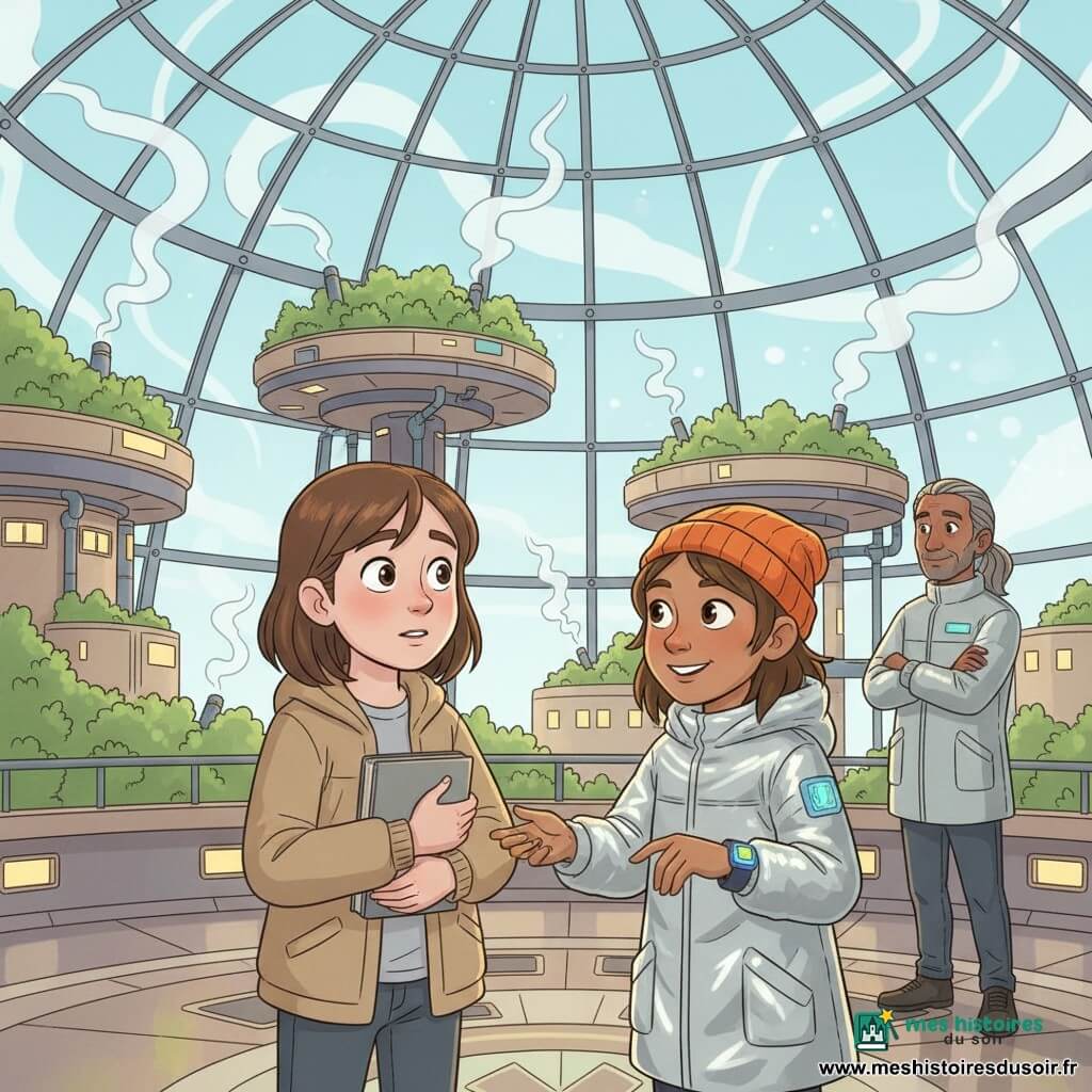 Léonie, 12 ans, visage émerveillé et prudent, cheveux châtains coupés droits, tient contre sa poitrine un livre gris ; à côté d’elle Aïko, ~12 ans, sourire malicieux, bonnet orange, manteau argenté et badge lumineux au poignet, lui montre la cité d’un geste amical ; en arrière-plan Monsieur Sorel, ~50 ans, cheveux gris attachés, manteau argenté à bande bleue, mains croisées, observe avec bienveillance. Le décor : grande cité sous dôme transparent à nervures métalliques, passerelles rondes suspendues, terrasses de serres vertes, tuyaux soufflant de fines volutes de vapeur et bâtiments ronds aux fenêtres éclairées ; lumière froide bleu pâle à l’extérieur du dôme et chaude dorée dans les serres, sol lisse légèrement réfléchissant à motifs géométriques. Scène centrée sur la rencontre et la découverte, style couleurs vives, traits nets et contours doux, détails graphiques (badges lumineux, textures de manteaux, volutes de vapeur).