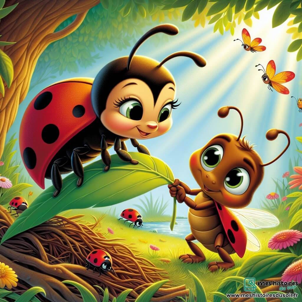 Une coccinelle nommée Lili, rouge à pois noirs, est curieuse et souriante. Elle vole au-dessus d'une brindille, prête à aider son amie, une fourmi nommée Nino, qui tire sur une brindille avec détermination. Non loin, une grenouille verte nommée Gracie attend sur une feuille, impatiente d'être aidée. Le décor est un jardin enchanté, avec des fleurs colorées, des papillons et un ruisseau scintillant. Lili et Nino unissent leurs forces pour dégager le chemin de Gracie, illustrant la magie de l'amitié et de l'entraide.