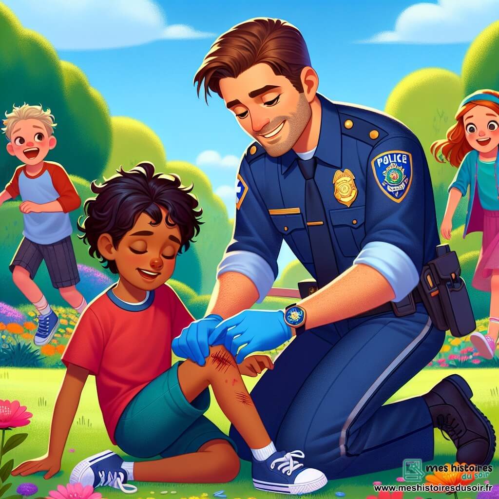 Un policier nommé Maxime, souriant et en uniforme bleu marine, est accroupi pour soigner un jeune garçon, Hugo, 8 ans, qui a une égratignure au genou. Hugo, avec des cheveux châtains et un t-shirt rouge, admire Maxime, qui utilise un petit kit de premiers secours. À proximité, Léa, 7 ans, aux cheveux blonds et bouclés, observe avec excitation, impatiente d'aider à retrouver son chat perdu. La scène se déroule dans un jardin coloré avec des fleurs et un ciel bleu, où des enfants jouent joyeusement, ajoutant une ambiance vivante. Maxime explique l'importance de la sécurité et des premiers secours, créant un lien chaleureux avec les enfants.