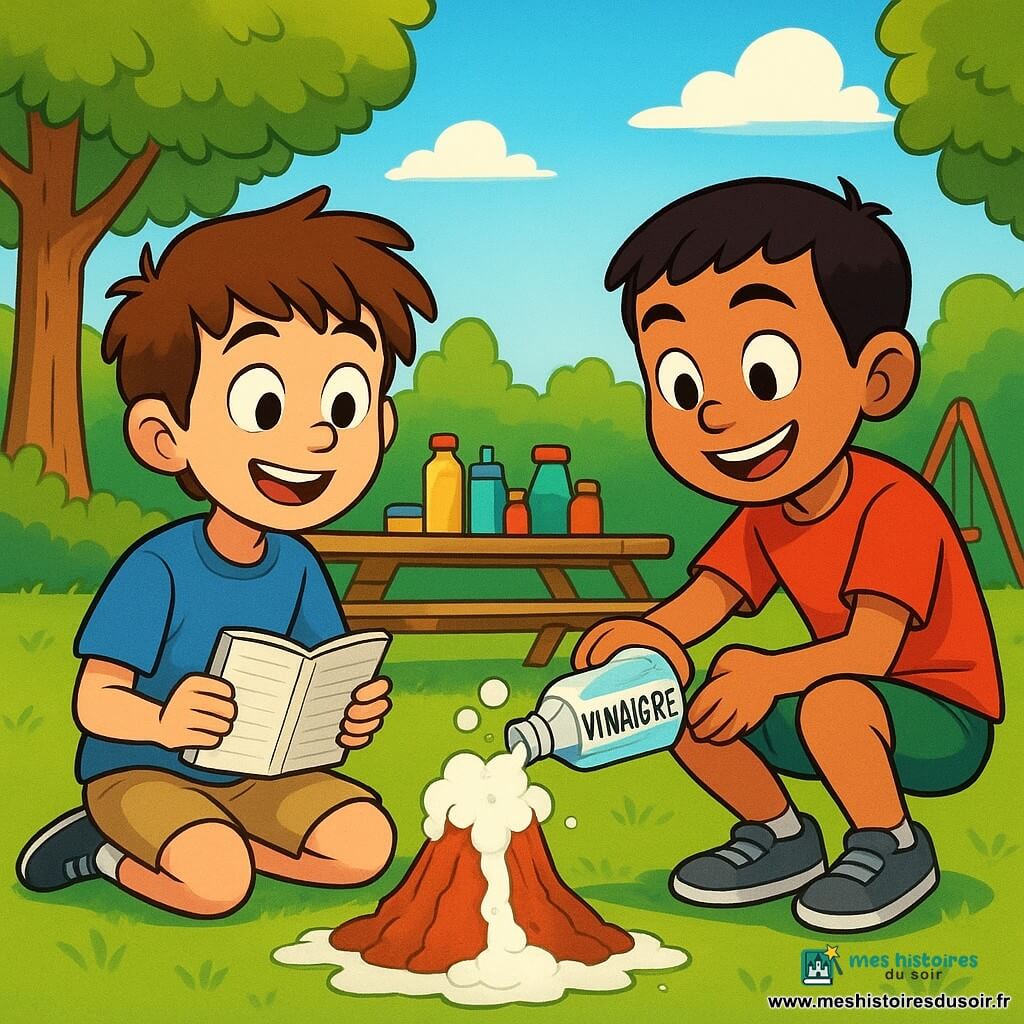 Deux garçons de 10 ans, Nino et Sami, sont au cœur de l'action. Nino, aux cheveux bruns ébouriffés, porte un t-shirt bleu et un short beige, carnet en main. Assis sur l'herbe, il est près d'un volcan en pâte à sel qui mousse. Sami, aux cheveux noirs courts, porte un t-shirt rouge et un short vert, baskets brillantes aux pieds. Il tient un flacon de vinaigre, prêt à l'utiliser. Accroupi à côté de Nino, il sourit avec enthousiasme. Ils sont dans une aire de jeux extérieure, entourée d'arbres et d'une grande table en bois remplie de matériel de bricolage. Le ciel est bleu avec quelques nuages. Ils réalisent une expérience scientifique amusante, le volcan déborde de bulles blanches sous leurs yeux émerveillés. Les couleurs vives et joyeuses reflètent l'esprit d'aventure de leurs vacances d'été.