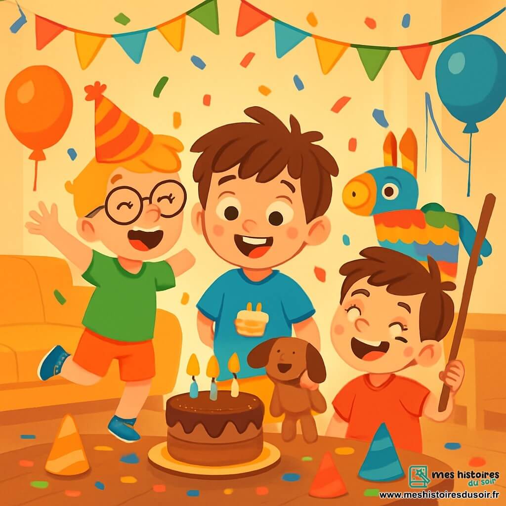 Trois garçons célèbrent l'anniversaire de Tom, un enfant de 6 ans avec des cheveux bruns en bataille, un t-shirt bleu et un short jaune, tenant son doudou. Léo, également âgé de 6 ans, a des cheveux blonds, des lunettes rondes et un t-shirt vert, il saute de joie à gauche de Tom. Max, avec des cheveux châtains et un t-shirt rouge, est à droite de Tom, riant et tenant un bâton pour frapper la piñata. Le salon est festif, décoré de guirlandes et de ballons, avec une table chargée de gâteaux et un gros gâteau au chocolat. L'ambiance est joyeuse, avec des confettis tombant et Tom prêt à souffler ses bougies, tandis que Léo et Max applaudissent.
