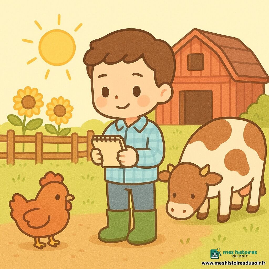 Malo, souriant et serein, peau claire, cheveux châtain courts, vêtu d’une chemise à carreaux bleu clair et de bottes en caoutchouc vertes, tient un carnet et observe la cour de la ferme; expression douce et concentrée, posture détendue. Une poule rousse picore près de ses bottes et une vache brune tachetée broute à quelques mètres. Matin ensoleillé dans une cour au sol brun et herbe verte, une grange rouge à porte ouverte en arrière-plan, rayons de soleil dorés créant des ombres douces et quelques tournesols le long de la clôture. Malo s’apprête à commencer sa journée de travail, ambiance paisible et chaleureuse.