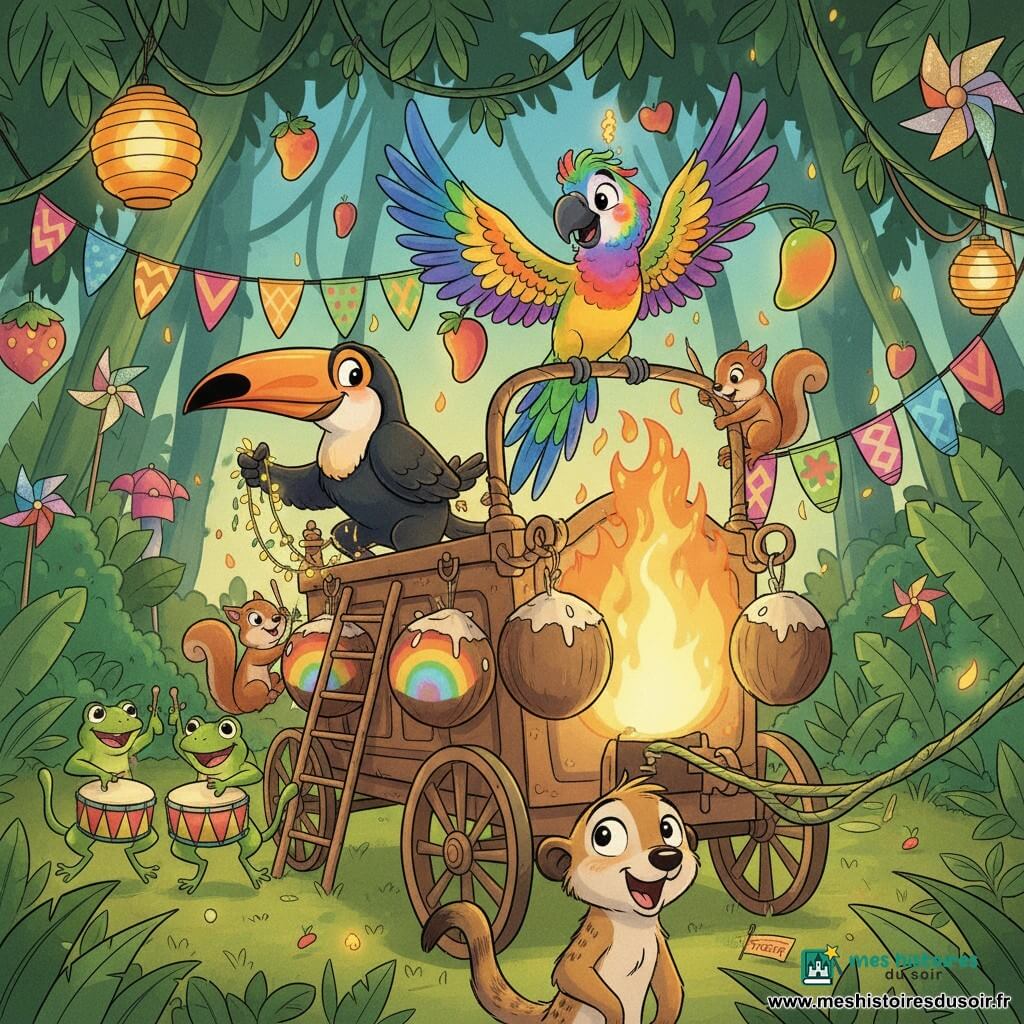 Plume, un perroquet multicolore perché au sommet d’un char, joyeux et fier, ajuste un dernier lampion en forme de fruit; Coco, un grand toucan noir au bec orange, tient une guirlande à gauche; deux écureuils bruns grimpent à des échelles pour peindre des noix de coco en motifs arc‑en‑ciel sur le flanc du char; un trio de grenouilles vertes tape des tambours improvisés à l’avant en riant; un jeune suricate, bouche bée, admire le char éclairé; la clairière de la jungle est décorée de lianes suspendues, lampions fruités colorés, bannières et moulins à vent scintillants, avec de grandes feuilles en rideau; situation : parade de carnaval au crépuscule, char flamboyant illuminé par des lampions en forme de fruits, atmosphère festive, couleurs saturées, mouvement et complicité entre les animaux.