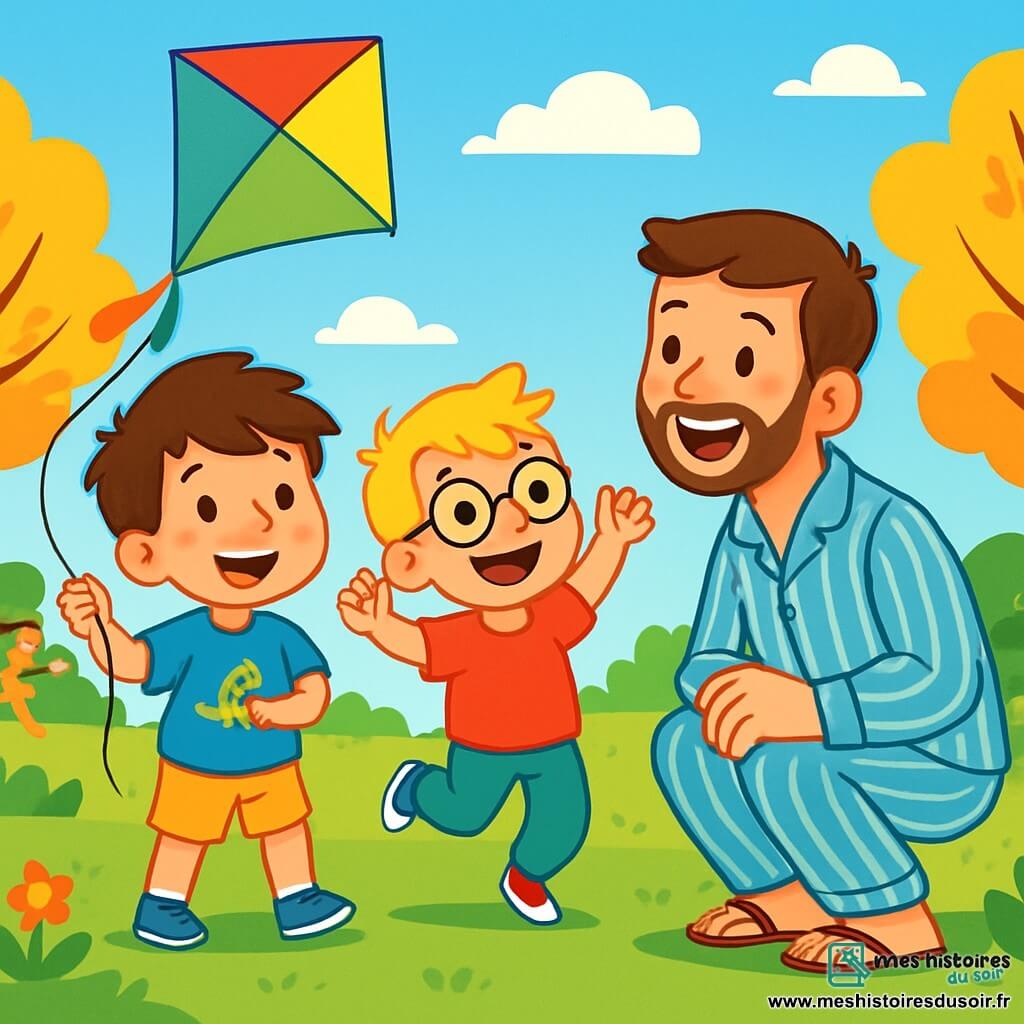 Il y a trois personnages : Louis, un garçon de 5 ans aux cheveux bruns en bataille, portant un t-shirt bleu avec un dinosaure et un short jaune, souriant et tenant un cerf-volant coloré ; Maxence, un garçon de 5 ans avec des cheveux blonds et des lunettes rondes, en t-shirt rouge et pantalon vert, sautillant de joie ; et Papa, un homme d'environ 30 ans avec des cheveux châtains et une légère barbe, en pyjama rayé bleu et blanc, accroupi devant les garçons, riant avec fierté. La scène se déroule dans un parc ensoleillé avec une pelouse verte, des arbres aux feuilles dorées et un ciel bleu avec quelques nuages. Louis et Maxence lancent le cerf-volant dans les airs, tandis que Papa les encourage, créant une ambiance joyeuse pour la fête des pères.