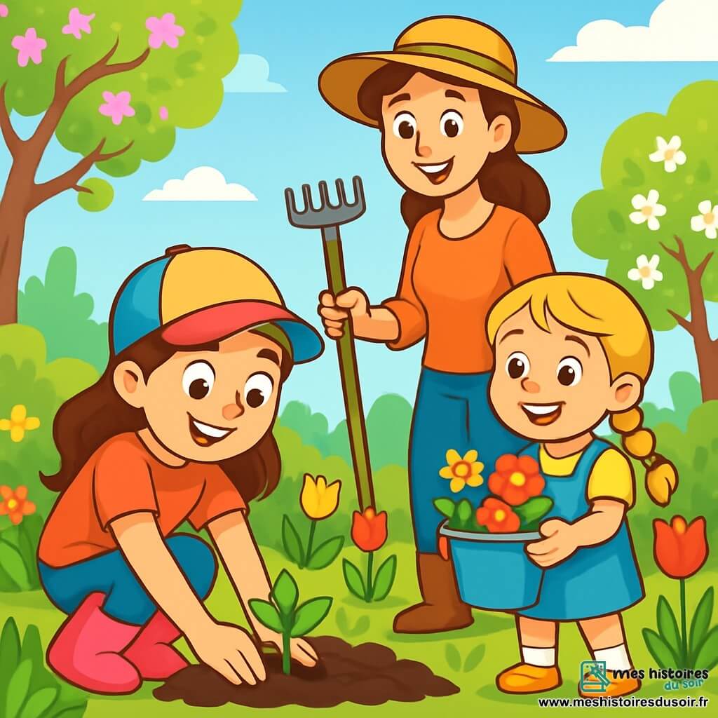 Zoé, une fille de 10 ans aux longs cheveux bruns et aux yeux joyeux, est accroupie dans le jardin avec les mains dans la terre. Elle porte une casquette colorée et des bottes roses. À côté d'elle, sa sœur Emma, 6 ans, avec des cheveux blonds en tresses, tient un seau de fleurs prêtes à être plantées. Leur maman, souriante et âgée d'environ 35 ans, les observe avec fierté, un chapeau de jardinier sur la tête et un râteau à la main. Le jardin est vibrant, rempli de fleurs éclatantes et d'arbres en fleurs sous un ciel bleu clair. Ensemble, elles préparent le jardin pour le printemps, riant et découvrant la magie de la nature.