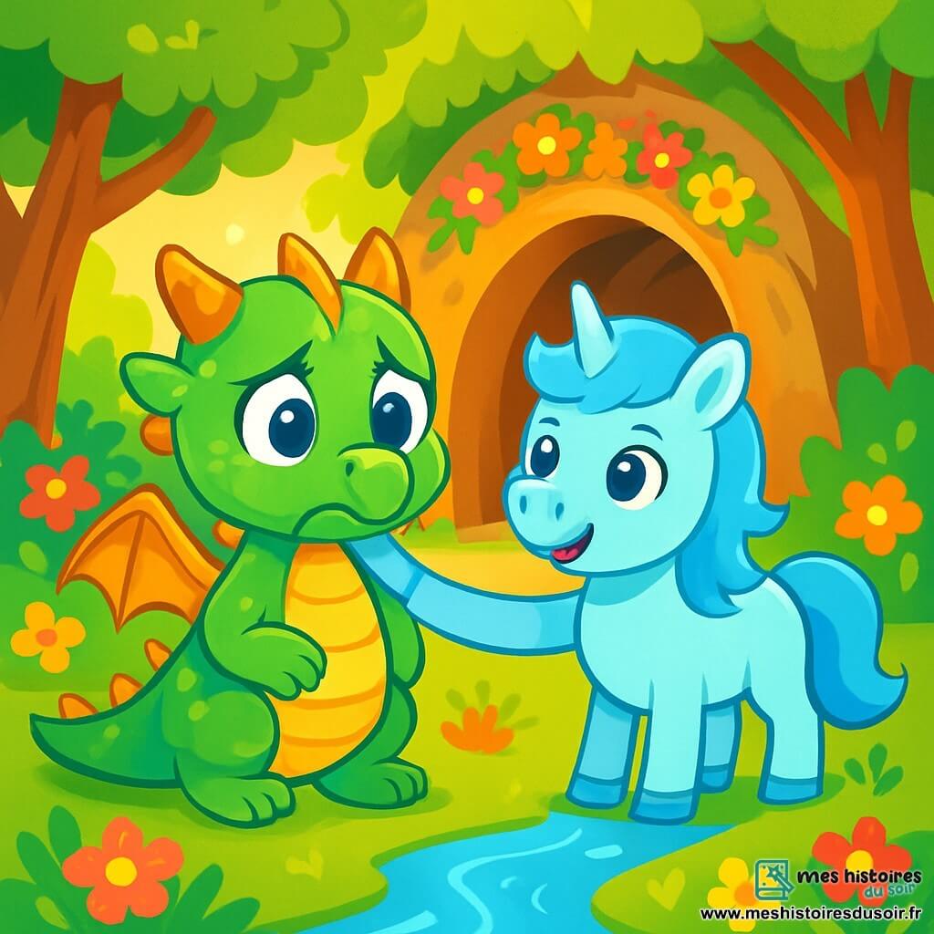 Un petit dragon aux écailles vertes et dorées, nommé Plum, se tient au bord d'une rivière scintillante, inquiet devant une nouvelle grotte entourée de fleurs et d'arbres majestueux. À ses côtés, Flocon, une licorne bleue à la crinière étincelante, l'encourage avec compassion en posant une patte sur son épaule. La scène se déroule près d'une grotte lumineuse, ornée de fleurs, avec des rayons de soleil filtrant à travers les feuilles. Plum, hésitant, prend une profonde inspiration pour surmonter sa peur du changement, tandis que Flocon l'incite à explorer leur nouveau chez-soi.