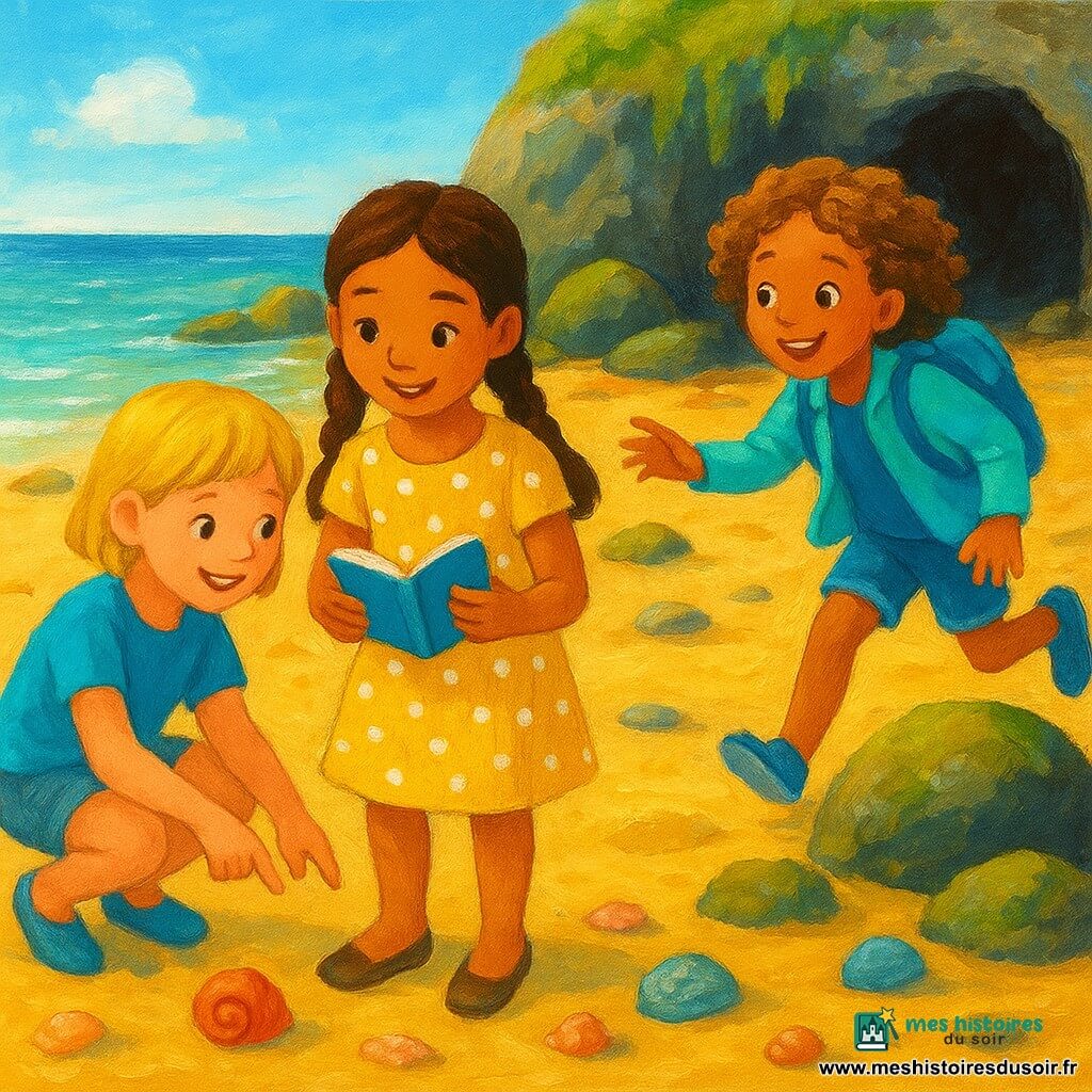 Trois filles se retrouvent dans une crique ensoleillée aux rochers moussus et coquillages colorés : Léa, 8 ans, cheveux bruns en deux tresses, robe jaune à pois blancs, tient un carnet et sourit au centre; Emma, 8 ans, cheveux blonds courts, tee-shirt bleu et short en jean, est accroupie à gauche en pointant un coquillage; Zoé, 7 ans, cheveux bouclés châtain clair, petite veste turquoise, arrive de la droite en courant vers un sac à dos turquoise posé sur le sable et le carnet; atmosphère d'amitié et de découverte, mer turquoise calme et petite grotte sombre en arrière-plan.