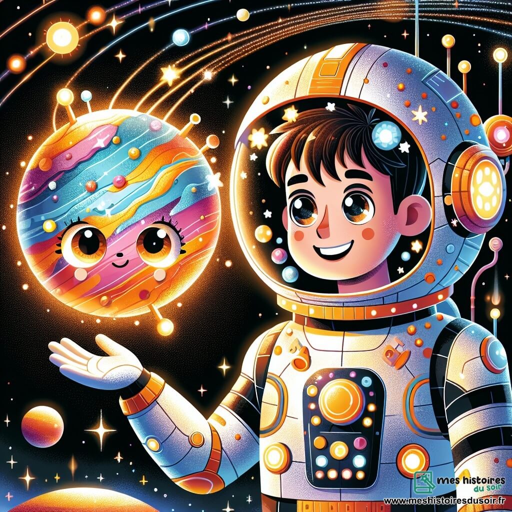 Le commandant Léo, un homme d'une trentaine d'années aux cheveux bruns et aux yeux curieux, porte un casque spatial argenté et une combinaison colorée ornée d'étoiles. Il sourit, les bras ouverts, face à une planète orange brillante. À ses côtés, son vaisseau spatial futuriste, aux formes arrondies et aux couleurs vives, émet des lumières clignotantes et a un air amical. La scène se déroule dans l'espace, illuminée par des étoiles, avec la planète entourée de lunes et d'astéroïdes colorés. Léo et son vaisseau naviguent prudemment à travers un nuage de poussière spatiale, Léo guidant son vaisseau avec courage, prêt à explorer l'univers.