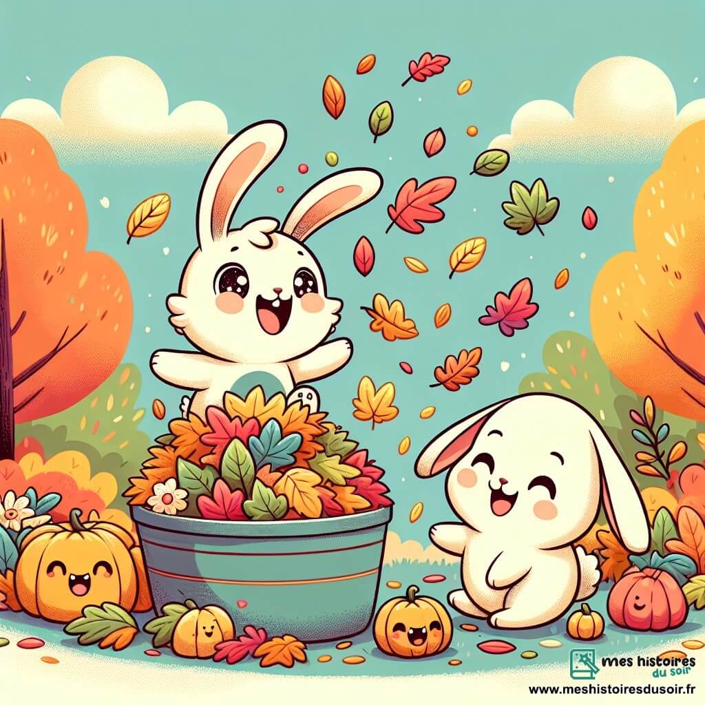 Un petit lapin blanc nommé Léo, aux grandes oreilles et aux yeux pétillants, saute dans une pile de feuilles colorées, souriant. Sa maman, une lapine douce avec un pelage crème, l'observe tendrement, amusée par son jeu. Le jardin est un tableau d'automne avec des arbres aux feuilles rouges, jaunes et oranges, et des citrouilles décorant le sol. Le ciel est bleu clair, parsemé de nuages légers, et le soleil brille doucement. Léo et sa maman s'amusent à ramasser des feuilles, créant une belle pile où Léo s'élance joyeusement, riant dans une ambiance festive.