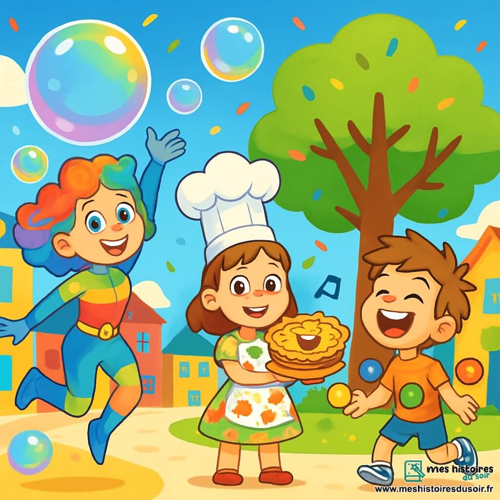 Capitaine Bulle, une jeune femme souriante aux cheveux bouclés et multicolores, flotte dans les airs entourée de bulles géantes scintillantes. Elle porte un costume brillant aux couleurs de l'arc-en-ciel. À ses côtés, Super Toque, une fille d'environ 10 ans avec un chapeau de chef et une robe à motifs de fruits, tient une tarte aux pommes chantante. Flibustier Sourire, un garçon de 9 ans avec des cheveux en bataille, jongle avec des balles rebondissantes en riant. La scène se déroule sur la place centrale de Coloriville, entourée de bâtiments colorés et d'un grand arbre aux feuilles éclatantes, avec des confettis flottant dans l'air. Capitaine Bulle et ses amis s'amusent, créant des bulles et des éclats de rire, remplissant l'air de magie et de joie.