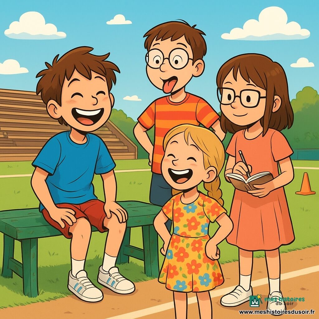 Un garçon de 10 ans, Tom, avec des cheveux bruns en bataille et un grand sourire espiègle, est assis sur un vieux banc vert au stade municipal. Il porte un t-shirt bleu vif et des shorts rouges. À côté de lui, Lina, une fille de 9 ans avec des cheveux blonds tressés, rit aux éclats dans une robe à fleurs colorées. Sami, un garçon de 10 ans avec des lunettes rondes, fait une grimace amusante, tandis que Zoé, une fille de 9 ans avec des lunettes carrées, prend des notes avec un air concentré. Le stade est ensoleillé, avec une pelouse verte, des gradins en bois et un ciel bleu. Tom et ses amis rient ensemble après une course amusante, entourés de chaussettes glissantes, exprimant joie et camaraderie.