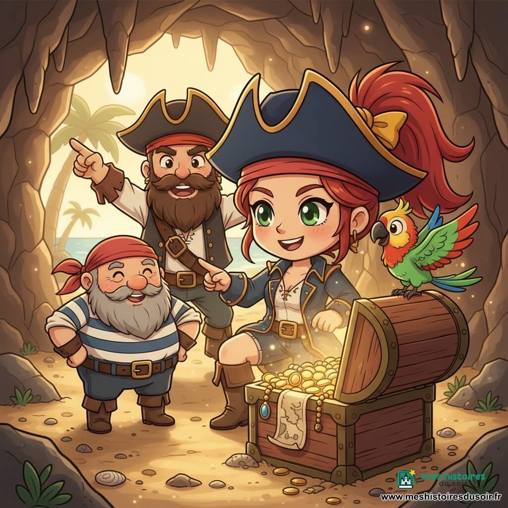 Capitaine femme souriante aux cheveux roux en queue de cheval, grand chapeau de pirate bleu marine à ruban doré, veste courte usée et bottes en cuir, agenouillée devant un coffre ancien ouvert diffusant une lumière chaude; ses yeux verts brillent d'émerveillement; perroquet mâle nommé Coco, petit et coloré (vert, bleu, rouge) sur son épaule droite; à gauche, Grignote, vieux marin rond d'environ 60 ans à barbe grise et blouse rayée, mains sur les hanches, sourire attendri; derrière, Lou, pirate grand et costaud d'environ 30 ans à barbe châtaine, chemise retroussée, sautillant et pointant le coffre; décor : grotte de plage aux murs de pierre, stalactites, entrée éclairée par un rayon de soleil, palmiers visibles, sable doré et coquillages; coffre rempli de pièces brillantes, bijoux colorés et carte ancienne; ambiance chaleureuse, amicale et magique, couleurs saturées, traits ronds, contours nets, éclairage doux, style chibi kawaii, composition centrée sur la capitaine et le coffre.