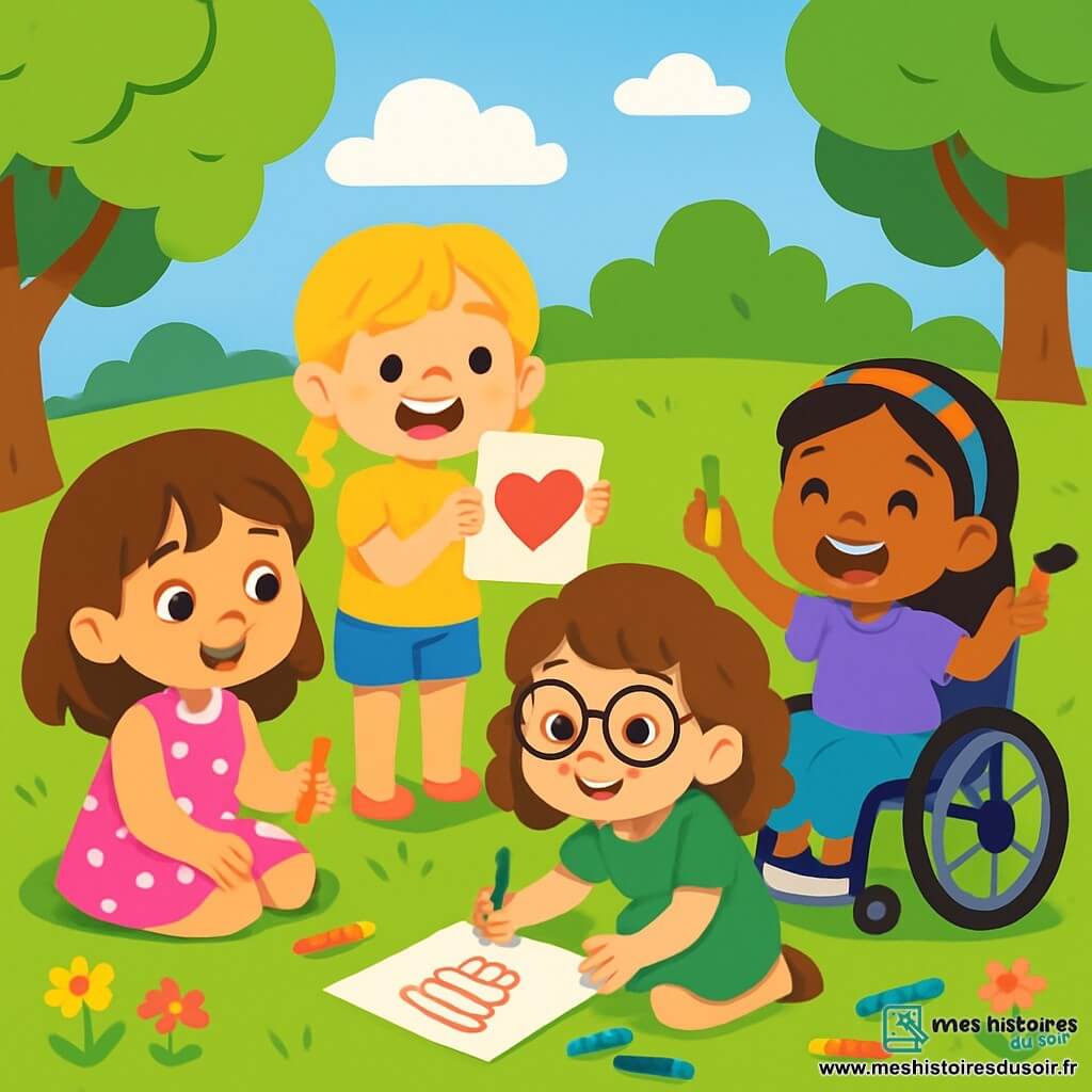 Quatre enfants sont présents : Lila, 7 ans, cheveux bruns, robe rose à pois, assise sur l'herbe avec un crayon de couleur ; Zoé, 6 ans, cheveux blonds en tresses, t-shirt jaune et short bleu, debout à côté de Lila avec un dessin de cœur ; Emma, 7 ans, cheveux châtains bouclés, lunettes, robe verte, accroupie en train de dessiner un gâteau ; Mia, 6 ans, en fauteuil roulant, cheveux noirs, bandeau coloré, t-shirt violet, souriante avec des crayons de couleur. La scène se déroule dans un parc ensoleillé avec des arbres, des fleurs et un ciel bleu. Les filles sont assises en cercle, riant et dessinant des œuvres pour la fête des pères, créant un moment joyeux et plein d'amour.