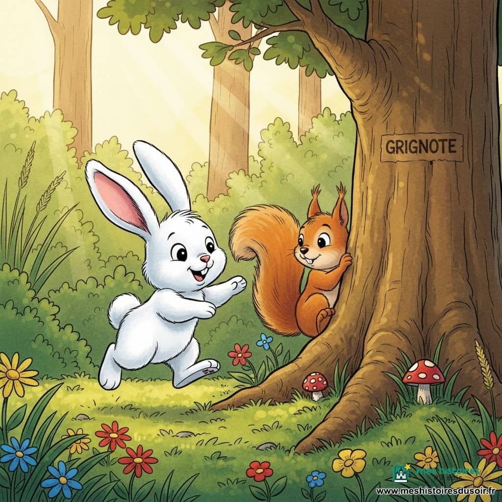 Petit lapin blanc au pelage doux, grandes oreilles arrondies, petit nez rose et air joyeux sautant sur ses pattes arrière et tendant une patte avant ; écureuil roux nommé Grignote, petit, queue très touffue visible derrière le tronc d’un grand chêne ; forêt avec chêne au tronc épais, tapis de mousse, fleurs colorées, champignons rouges à pois blancs et rayon de soleil, scène de cache-cache où le lapin vient de trouver l’écureuil, ambiance lumineuse, couleurs vives, traits simples et ronds évoquant amitié et jeu.