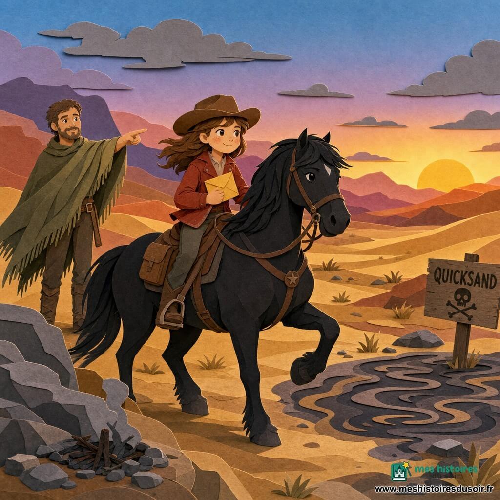 Maria, souriante et déterminée, visage rond coiffée d'un chapeau de cow-boy brun, veste en cuir rouge brique et une enveloppe jaune serrée contre sa poitrine, monte la jument noire Calypso au trot léger tandis que Sam, homme d'une quarantaine d'années en poncho vert olive poussiéreux et barbe courte, se tient derrière à gauche en montrant un passage sûr ; ils traversent une vaste plaine désertique de dunes sable-ocre-rose avec quelques rochers et un petit feu éteint, ciel dégradé bleu-violet de soirée, la scène en style papier découpé à textures grainées, contours en relief, couleurs contrastées, atmosphère chaleureuse et aventureuse.