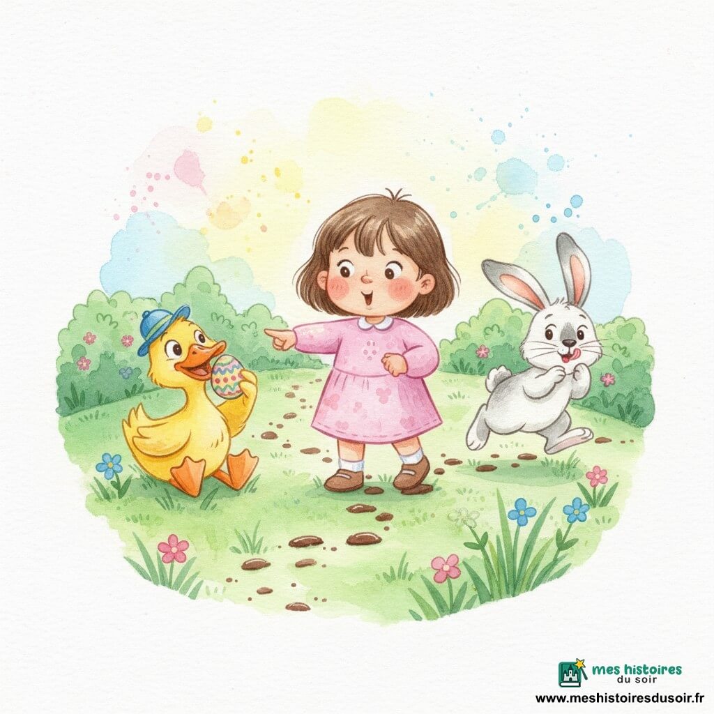 Une fillette de 2 ans au visage rond et cheveux bruns courts, étonnée et joyeuse, pointe des traces de chocolat sur l'herbe; à côté, un lapin blanc tacheté de gris aux grandes oreilles suit les traces; à gauche, un canard jaune au petit chapeau bleu croque un œuf de Pâques coloré; le tout dans un jardin printanier lumineux à l'herbe verte et fleurs roses et bleues, rendu aquarelle aux couleurs pastel, contours doux et atmosphère chaleureuse.