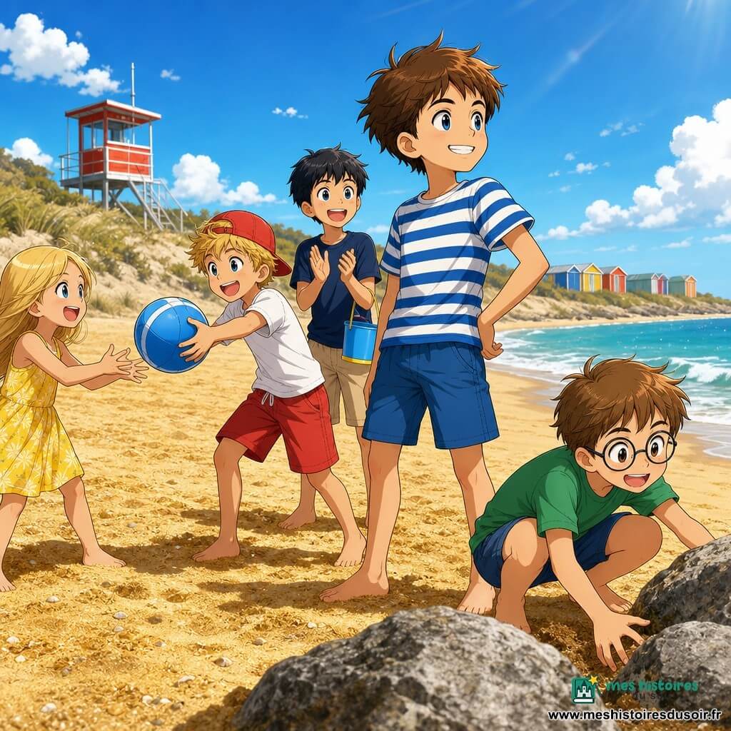 Quatre garçons de 9 ans — Léo, cheveux bruns courts, t-shirt rayé bleu et blanc, au centre ; Thomas, cheveux blonds en bataille, casquette rouge, tendant la main pour rendre un ballon bleu à une fillette, légèrement à gauche de Léo ; Maxime, cheveux châtains et lunettes rondes, t-shirt vert, accroupi près de deux rochers à l’avant-plan à droite ; Hugo, cheveux noirs, short beige, tenant un petit seau et applaudissant, juste derrière Thomas — sur une plage de sable doré avec vagues bleu‑ciel, quelques rochers gris, une dune basse et cabines colorées au loin, devant un petit poste de secours rouge et blanc ; ils rendent un ballon bleu coincé entre deux rochers à une fillette souriante en robe jaune, scène d’après‑midi ensoleillée, atmosphère joyeuse et couleurs vives.