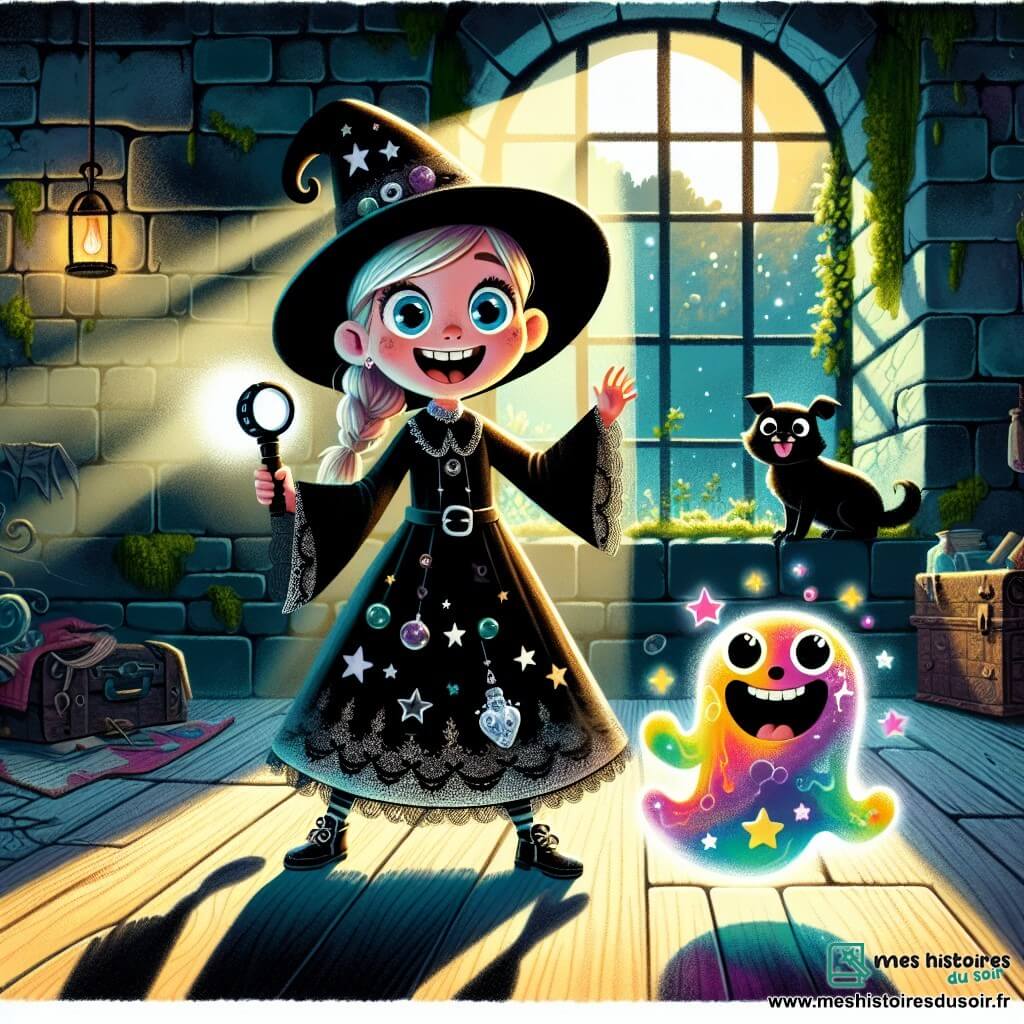Clara, 12 ans, est au centre de la scène, vêtue d'un costume de sorcière noir orné d'étoiles argentées. Elle sourit avec excitation, tenant une lampe de poche et levant l'autre main comme pour lancer un sort. À ses côtés, Gribouille, un esprit farceur translucide et coloré, flotte en riant. En arrière-plan, Ombre, un grand chien noir aux yeux brillants, se tient protecteur. La scène se déroule dans une vieille maison hantée, avec des murs en pierre et des ombres dansantes, créant une atmosphère mystérieuse. Clara, Gribouille et Ombre se préparent à affronter des mauvais esprits, l'air chargé de magie et d'excitation.