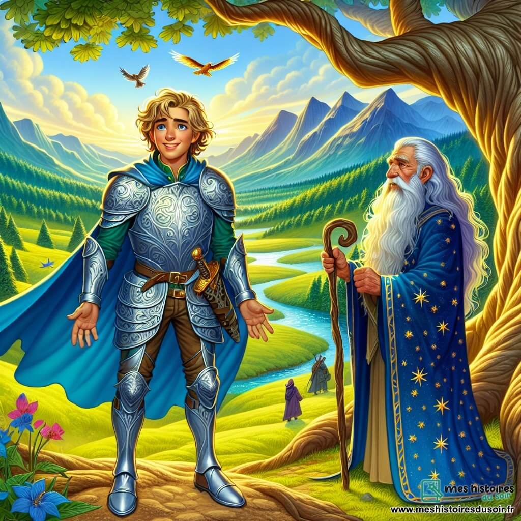Un jeune homme, Lorian, se tient sous un vieux chêne d’argent, les yeux brillants d’excitation et de détermination. Il porte une armure légère en métal poli, ornée de motifs floraux, et une cape bleue flottante. Son épée est plantée dans le sol à ses côtés, et il regarde l’horizon avec un sourire confiant. À ses côtés, un vieux mage, Bartholomé, âgé d’environ 70 ans, avec une longue barbe blanche et des yeux pétillants de sagesse, l’observe. Il est vêtu d’une robe en velours bleu nuit, parsemée d’étoiles dorées, et tient un bâton en bois noueux. Le lieu est une vallée d’Émeraude, baignée de lumière dorée, avec des collines verdoyantes et des rivières scintillantes. Lorian écoute attentivement la prophétie de Bartholomé, prêt à partir à l’aventure pour sauver le royaume du Dragon-Céleste.