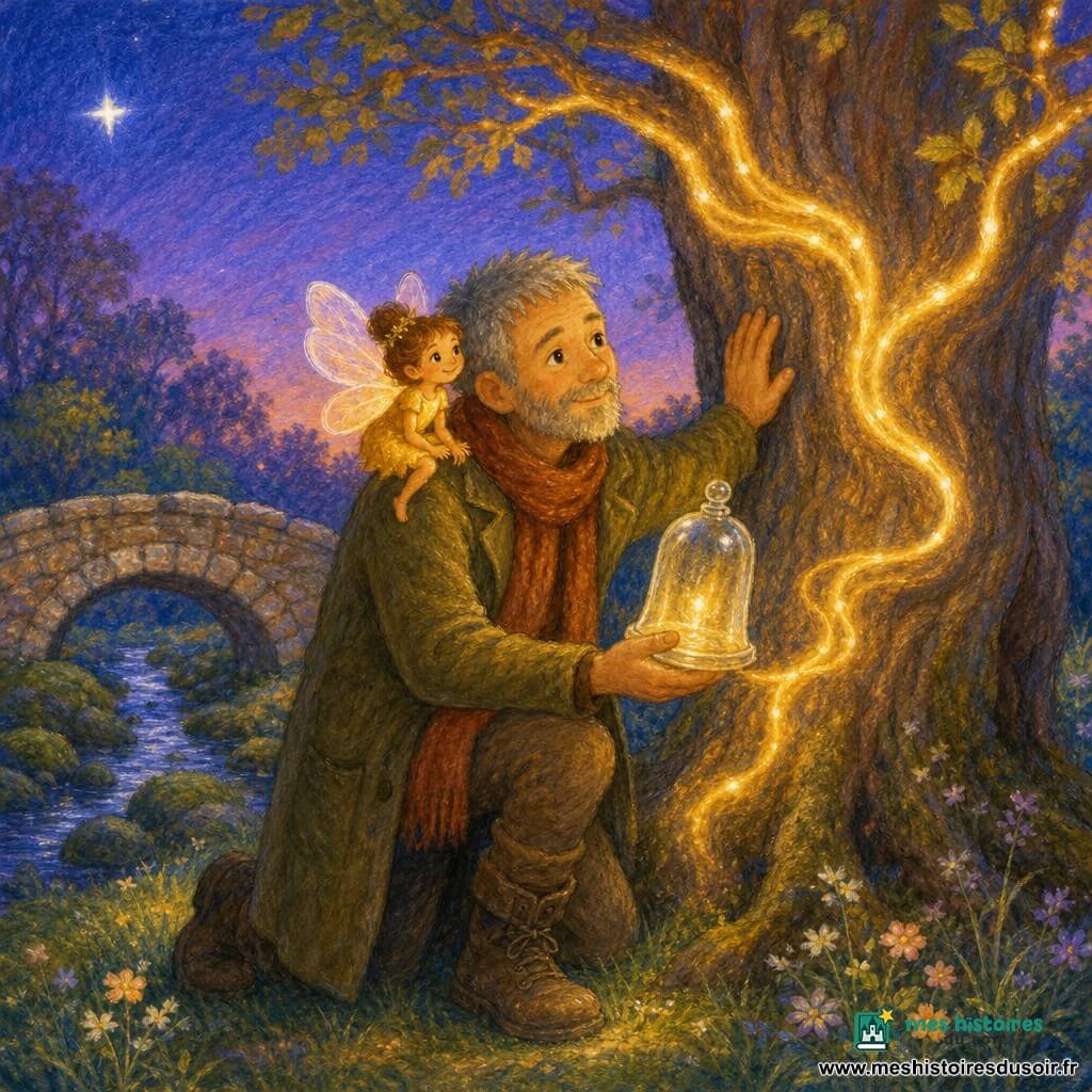 Martin, agenouillé la main sur l'écorce d'un grand arbre ancien, porte un vieux manteau kaki, une écharpe rouille, des bottes usées, cheveux gris et barbe courte; il tient une petite cloche en cristal dont une lumière miel-doré coule en rubans le long du tronc et des branches, guérissant l'arbre et illuminant la clairière au crépuscule — Lili-Lueur, petite fée femelle aux ailes en pétales translucides, est perchée sur son épaule droite en souriant; à l'arrière-plan un vieux pont de pierre et un ruisseau argenté entre des pierres couvertes de mousse, herbe douce et fleurs pâles sous un ciel bleu-violacé avec une étoile brillante, ambiance chaleureuse et magique.