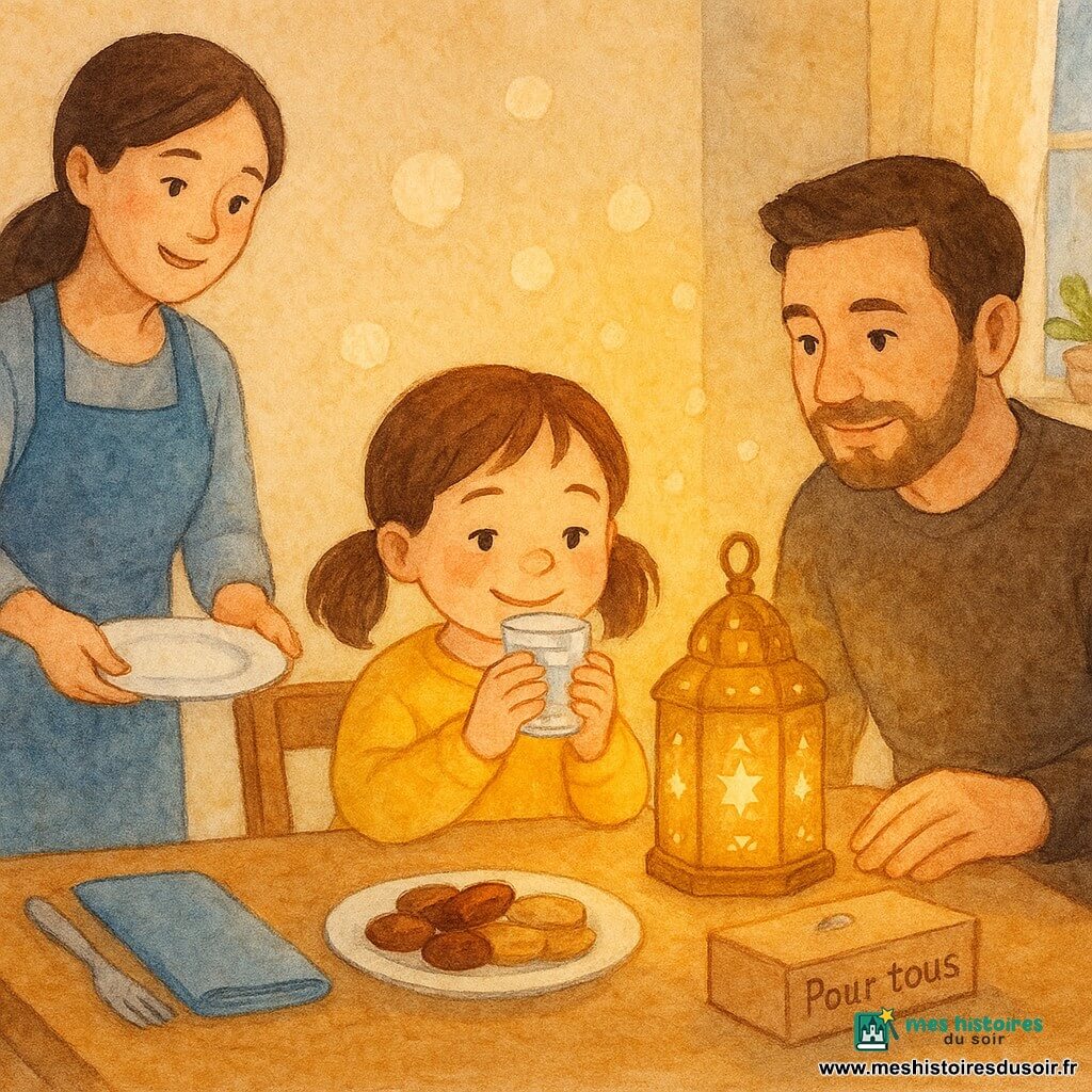 Lina, 4 ans, au centre, fière et soulagée, souriante en pull jaune et deux couettes, tient un petit verre d'eau ; sur la table une lanterne dorée projette des étoiles, une assiette de dattes et biscuits et une serviette bleue ; la maman à gauche en tablier bleu pose une assiette en regardant Lina avec affection, le papa à droite, à genoux, place une boîte étiquetée « Pour tous » ; arrière‑plan : cuisine-salon cosy aux tons crème, lumière de midi et plantes sur le rebord ; ambiance douce et chaleureuse juste après le jeûne de l'enfant, palette jaune-orangé, bleu clair et tons terreux, rendu aquarelle aux bords doux.