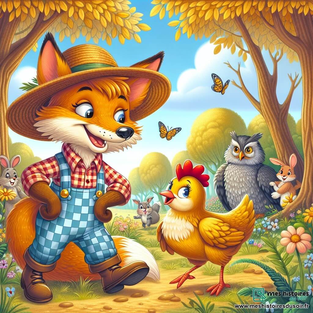 Un renard rusé nommé Roux se tient au centre d'une clairière, portant un grand chapeau de paille et une salopette à carreaux, avec un sourire malicieux. À sa gauche, une poule dorée nommée Margot, aux plumes brillantes, le regarde avec curiosité en chantant. En arrière-plan, des animaux de la forêt, comme un lapin et un hibou, s'approchent pour défendre Margot. La scène se déroule dans une clairière enchantée, entourée d'arbres aux feuilles dorées et de fleurs colorées. Roux tente de tromper Margot avec son déguisement de fermier, tandis que les autres animaux se rassemblent pour la protéger, créant une atmosphère de tension et de camaraderie.