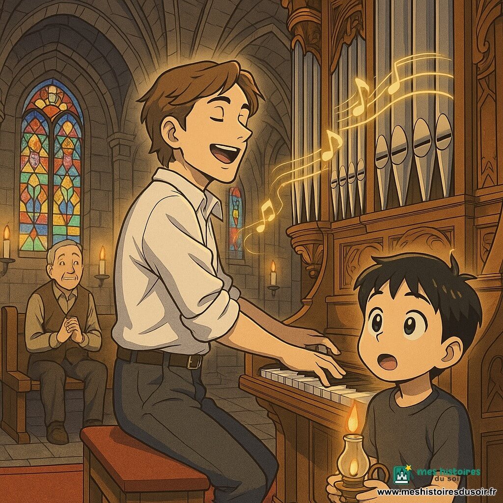 Gabriel, homme adulte au visage doux et concentré, cheveux châtain clair, chemise blanche manches retroussées et pantalon sombre, chante en posant une main sur le clavier d'un grand orgue sculpté dont les tuyaux métalliques brillent; Marcel, environ 70 ans, peau ridée, cheveux gris courts, gilet marron, est assis au fond de l'église sur un banc en bois les mains jointes, souriant paisiblement; un garçon d'environ 8 ans, cheveux noirs courts, yeux écarquillés, est au premier rang tenant une petite lampe à huile et regardant Gabriel bouche bée; l'intérieur est une vieille église en pierre aux voûtes hautes, bancs patinés, vitraux colorés filtrant une lumière chaude, chandelles allumées et tapis rouge menant à la tribune, l'atmosphère intime et solennelle montre le souffle sonore de l'orgue comme des ondes lumineuses autour des tuyaux et un public captivé et silencieux.