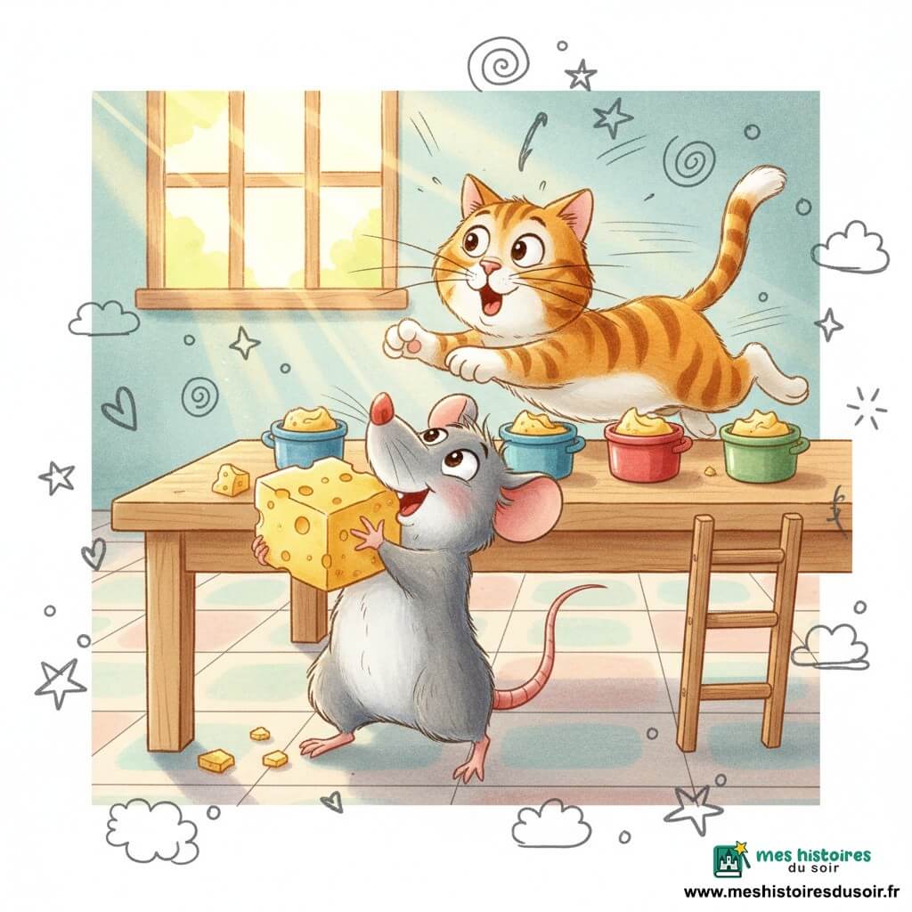 Un petit rat nommé Rémi, joyeux et malicieux, debout sur ses pattes arrière pour saisir un gros morceau de fromage jaune vif tandis qu’un chat tigré nommé Cléo, surpris et gourmand, court d’un pot à l’autre sur une table en bois parsemée de petits pots en céramique colorés; cuisine lumineuse aux carreaux pastel et rayons de soleil, scène dynamique et amusante avec expressions exagérées; style graphique aux couleurs vives, contours doux, textures crayon et aquarelle, petits doodles de notes de fromage et étoiles autour des personnages.