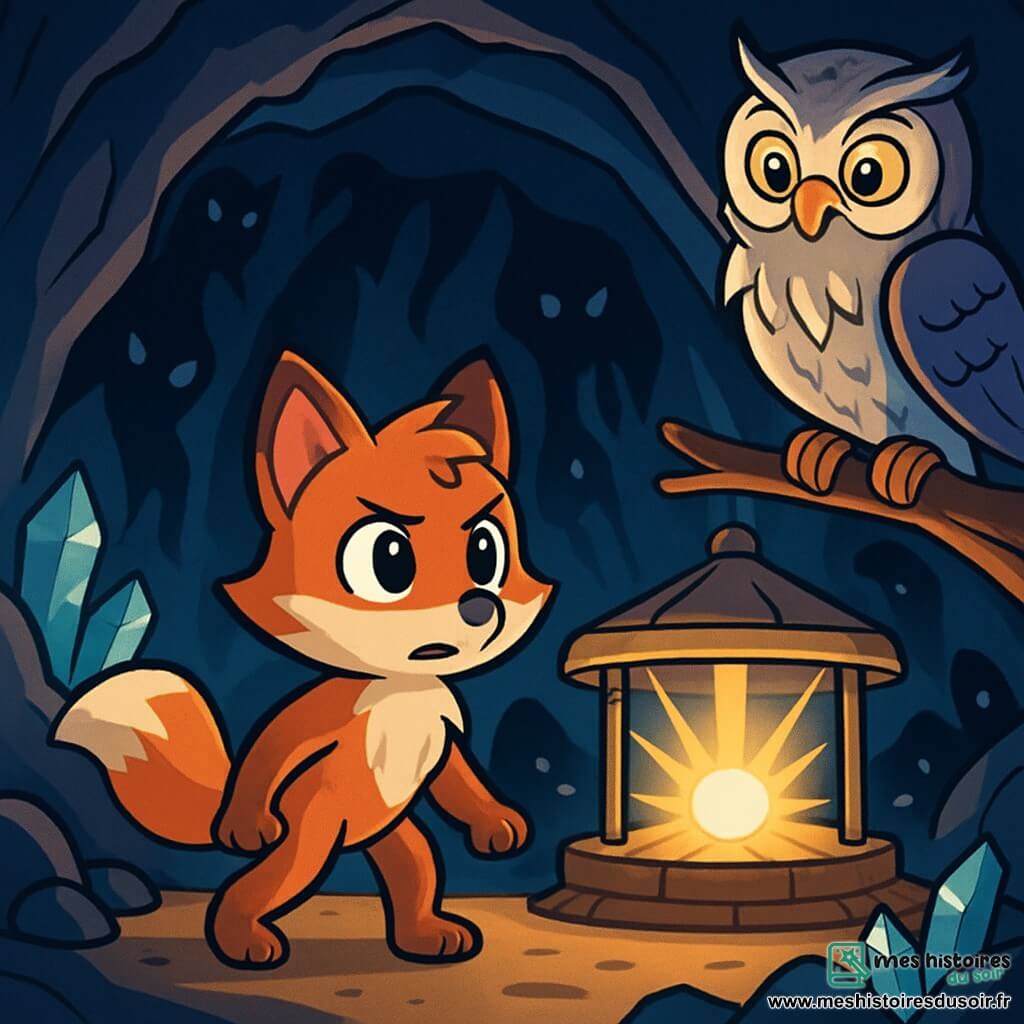 Un jeune renard au pelage roux, avec des yeux curieux et une expression déterminée, se tient au centre d'une caverne mystérieuse, regardant bravement une lumière éclatante au centre d'un vieux manège. À proximité, un vieux hibou argenté, aux yeux brillants, se perche sur une branche, observant le renard avec fierté. La caverne est ornée de cristaux luminescents qui scintillent, projetant des ombres dansantes, tandis que des silhouettes sombres se faufilent dans les recoins. Le renard s'approche courageusement de la lumière, prêt à affronter ses peurs, tandis que les ombres tentent de l'envelopper, créant une tension palpable.