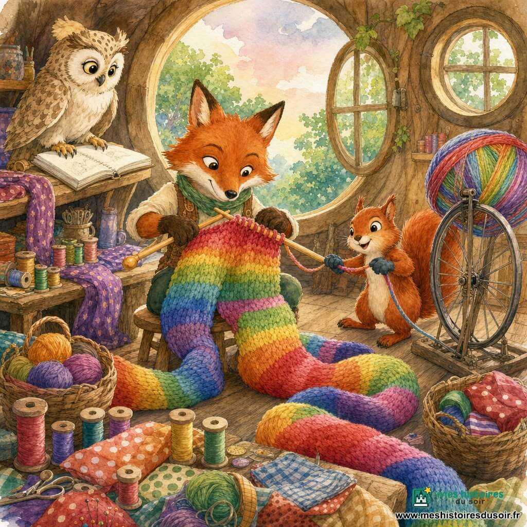 Félix, un renard anthropomorphe au pelage roux et au regard malicieux, est assis sur un tabouret en bois, tricotant avec détermination une énorme écharpe multicolore; Noisette, un écureuil roux vif aux petites pattes gantées, tient la pelote géante fixée à une vieille roue de vélo et la déroule en tirant légèrement; Mimi, une chouette au plumage crème tacheté de brun, perchée sur une étagère, penche la tête et pose une patte sur un cahier de croquis comme pour conseiller; l'atelier chaleureux, lumineux, avec plancher en bois, bobines colorées, tissus à motifs et fenêtres rondes donnant sur des arbres et un ciel pastel, voit l'écharpe arc-en-ciel se déployer en douces boucles autour des personnages dans une ambiance d'entraide et d'énergie créative.