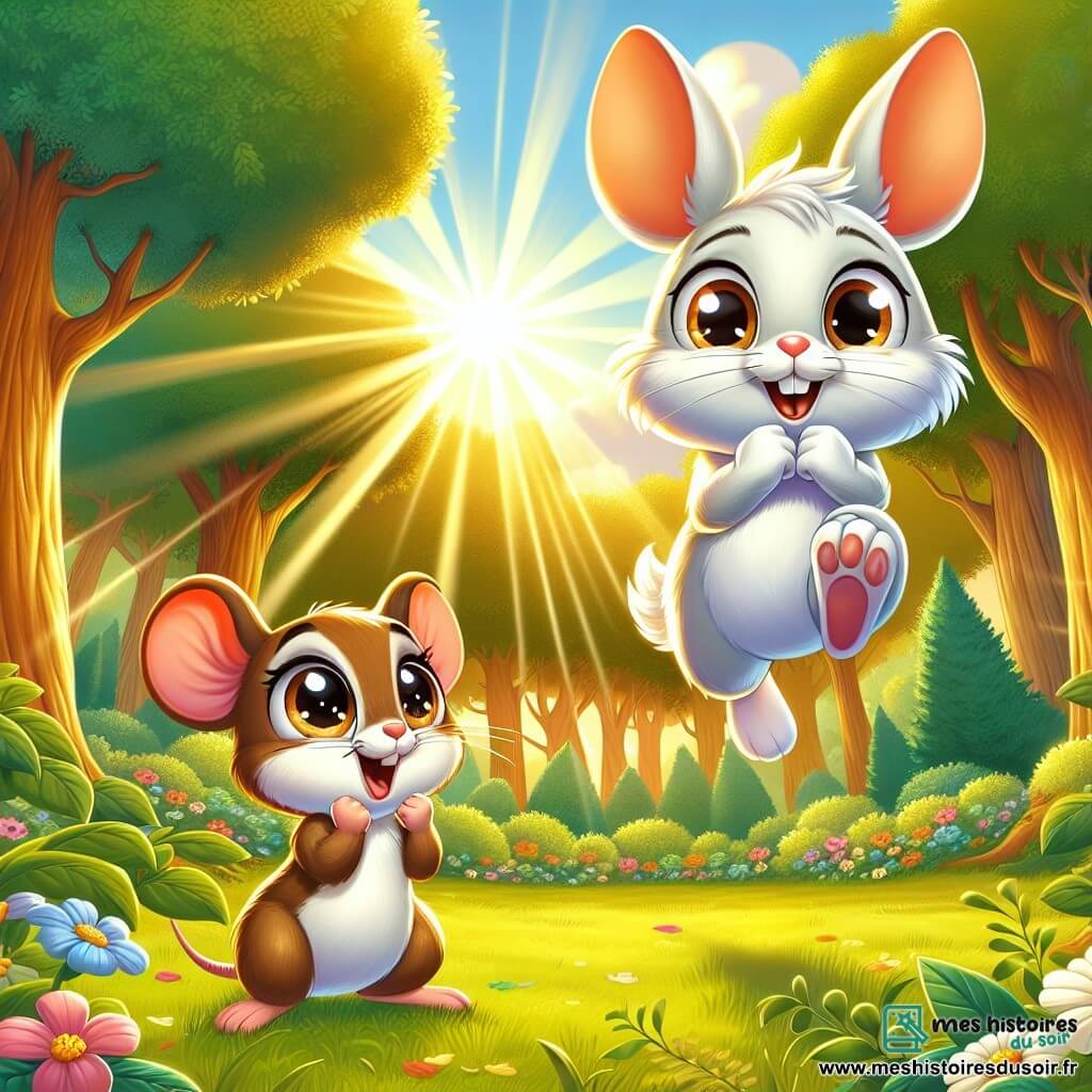 Léo, un petit lapin aux grandes oreilles blanches et aux yeux pétillants, est au centre d'une clairière, prêt à faire un grand saut. À ses côtés, sa meilleure amie Mia, une souris brune, l'encourage avec un sourire et les bras levés. La clairière ensoleillée est entourée d'arbres majestueux et de fleurs colorées, tandis que des rayons de soleil filtrent à travers les branches. Léo, déterminé à surmonter sa peur, s'apprête à sauter, observé par d'autres animaux de la forêt qui lui apportent leur soutien.