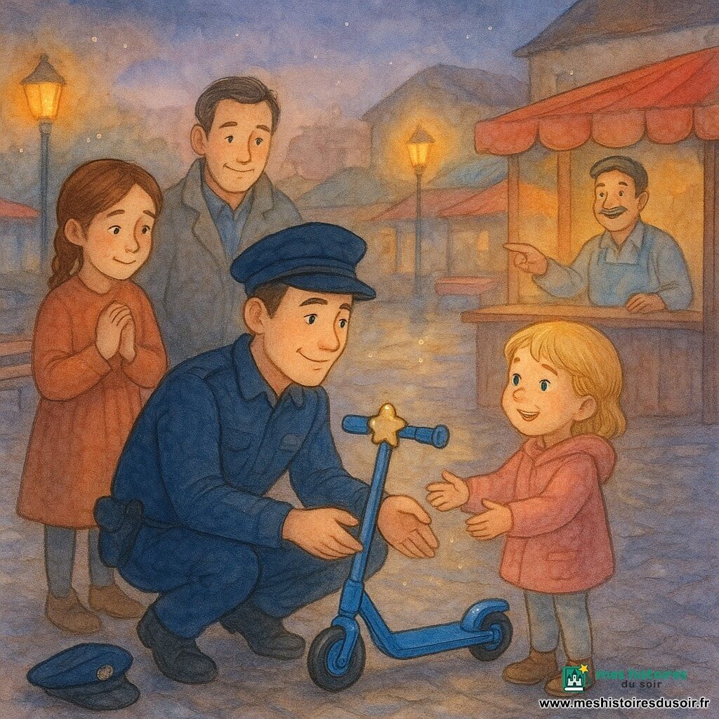 Léo, jeune policier au sourire calme et regard bienveillant, veste bleu marine et casquette posée à côté, est accroupi et tend une trottinette bleue à sonnette en forme d’étoile vers une fillette d’environ 5 ans, cheveux blonds courts, yeux encore brillants mais souriante ; à gauche, un garçonnet d’environ 9 ans, cheveux bruns en natte, visage soulagé et mains jointes, regarde la trottinette ; un homme d’environ 40 ans en manteau gris se tient en retrait, mains dans les poches, visage soulagé ; à l’arrière-plan à droite le kiosquier d’environ 50 ans, souriant, montre du doigt un coin derrière son comptoir où la trottinette avait été posée ; lieu : place de marché au crépuscule, pavés humides, fontaine ronde aux gouttes illuminées, lampadaires jaunes doux, bancs en bois et étals vides aux tissus colorés ; scène de retrouvaille chaleureuse et apaisée, gestes de confiance, expressions soulagées, lumière douce créant des reflets sur le métal de la trottinette et des rehauts sur les visages.