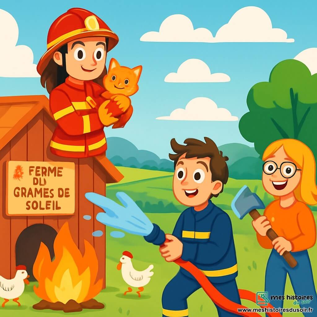 Une jeune femme pompier, Camille, en uniforme rouge et casque brillant, se tient sur le toit d'un hangar, souriante, tenant un chaton dans ses bras. À ses côtés, Paul, 20 ans, arrose un feu avec un tuyau d'incendie. Plus loin, Sophie, 25 ans, rit avec une hache, prête à aider. La scène se déroule à la ferme des Graines de Soleil, entourée de champs et de poules, sous un ciel bleu avec des nuages. Un petit feu crépite près du poulailler, tandis que le chaton ronronne de bonheur.