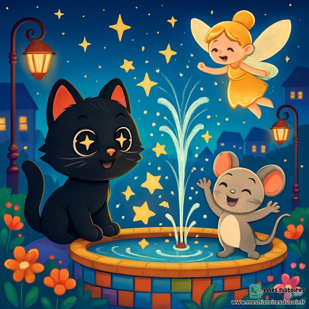 Un petit chat noir nommé Noisette, aux yeux brillants, se tient au bord d'une fontaine scintillante, l'air curieux. À côté de lui, une petite souris grise nommée Choupette, avec un sourire joyeux, regarde la fontaine avec excitation. Plus loin, une fée lumineuse, appelée Lumi, vole au-dessus de la fontaine, affichant une expression de joie. Le lieu est une ville magique, avec des lampadaires dorés et des fleurs colorées dansant au vent. Noisette et Choupette, émerveillés, libèrent des étoiles scintillantes qui illuminent la nuit et remplissent la ville de magie.