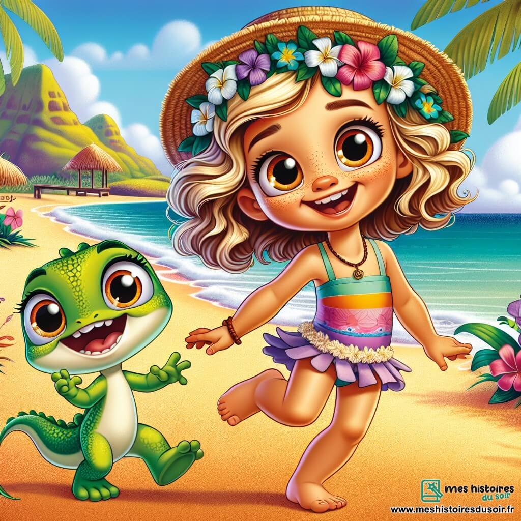 Lila, une fille de 8 ans aux cheveux dorés et aux yeux curieux, danse joyeusement sur une plage de sable doré, portant un maillot de bain coloré et un chapeau de paille. À ses côtés, Kiki, un petit lézard vert, saute avec enthousiasme, ajoutant une touche de magie à la scène. En arrière-plan, la plage de Hawaï, avec des palmiers, des vagues turquoise et des fleurs exotiques, crée une atmosphère festive où Lila participe à un défi de danse traditionnelle hawaïenne, entourée de rires et d'applaudissements des habitants.