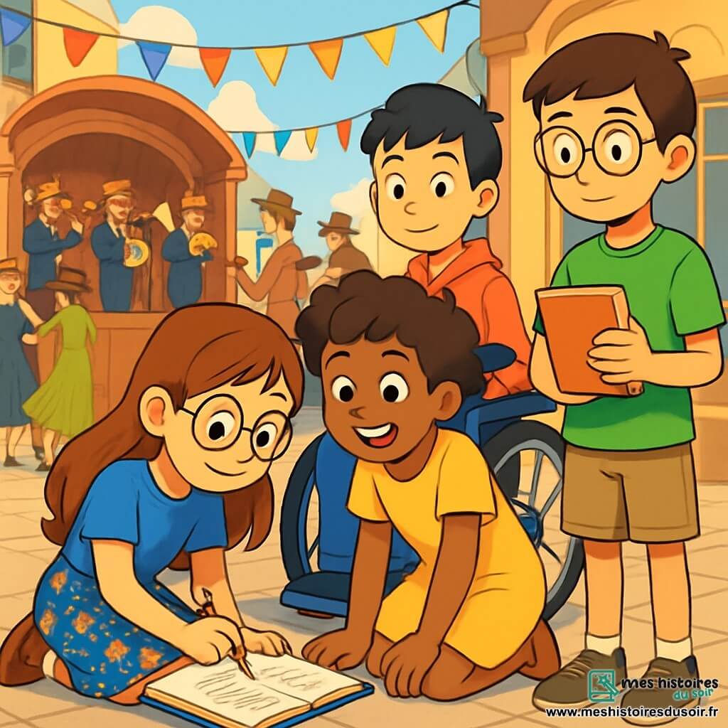 Quatre enfants se trouvent dans une place animée des années 30. Ambre, 10 ans, a de longs cheveux châtains et des lunettes rondes. Elle dessine sur un carnet. Inès, 11 ans, avec des cheveux courts et bouclés, observe Ambre en souriant, vêtue d'une robe jaune vif. Tao, 12 ans, en fauteuil roulant, regarde avec curiosité, portant un sweat rouge et des jeans. Nadir, 11 ans, tient un carnet et se prépare à prendre des notes, vêtu d'un t-shirt vert et d'un short. La scène est décorée de guirlandes colorées et d'une fanfare, tandis qu'un marchand de marrons chauds ajoute une odeur délicieuse. Les enfants découvrent une porte mystérieuse derrière un kiosque de musique, prêts à voyager dans le temps, fascinés et nerveux.