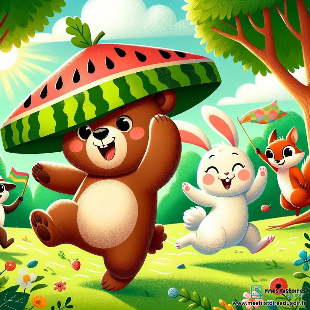 Un petit ours nommé Martin, avec un pelage brun et des yeux joyeux, porte un grand chapeau en forme de pastèque. Il court avec un sourire, ses petites pattes agitées. À côté, Madame Lapin, aux grandes oreilles et au pelage blanc, saute en tenant un drapeau coloré. Un peu plus loin, Monsieur Écureuil, avec un pelage roux et une banane sur la tête, ramasse son chapeau tombé en riant. La scène se déroule dans une clairière verdoyante, entourée d'arbres et de fleurs colorées. Tous les animaux participent à une course hilarante de chapeaux, créant une ambiance joyeuse et festive.
