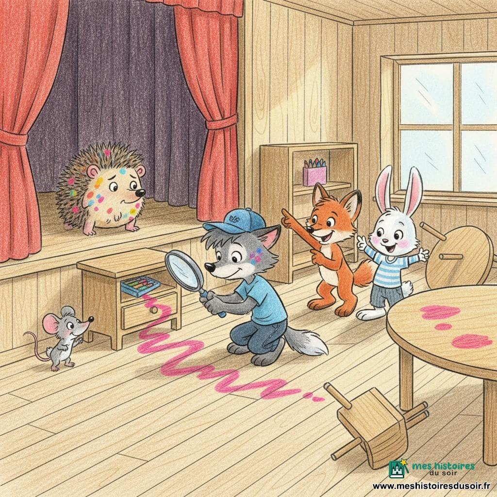 Petit Loup, casquette bleue et loupe, accroupi et curieux regarde sous une commode en bois d’où une traînée de feutre rose mène à une boîte coincée tandis qu’Hérisson, gêné mais soulagé, se cache partiellement derrière le rideau, Lapinette pointe la trace rose, Souricette renifle près de l’étagère vide et Renardeau montre la trace colorée sur le sol dans la grande salle polyvalente en bois aux chaises éparpillées, table renversée et lumière douce, les petits enquêteurs rassemblés, visages animés et ambiance joyeuse.