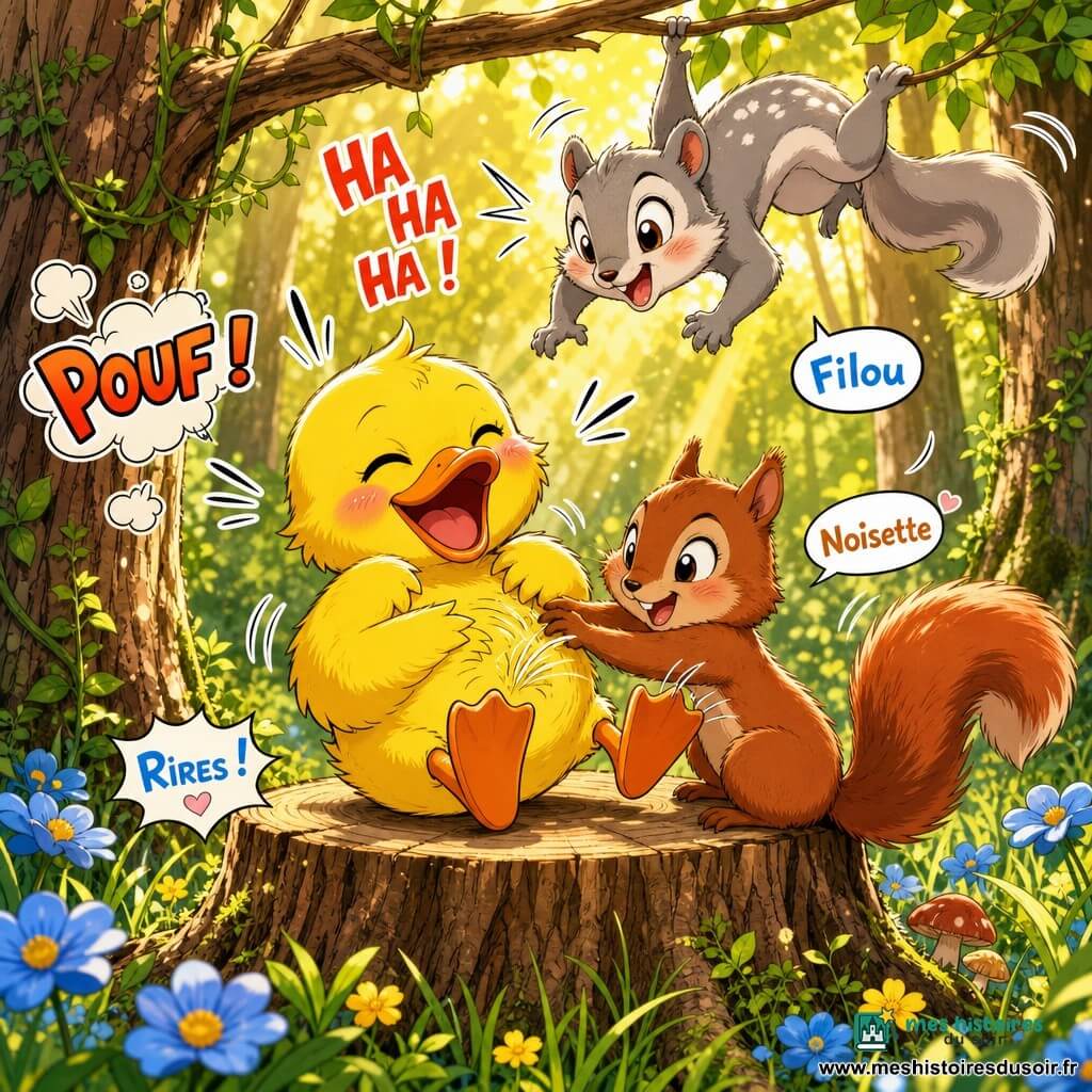 Canard joyeux aux plumes jaunes et bec orange assis sur une grosse souche, Noisette, petit écureuil roux à la queue touffue, le chatouille à droite tandis que Filou, écureuil svelte gris clair tacheté de blanc, est suspendu à une branche prêt à sa jeter, dans une clairière baignée de lumière dorée avec herbe, petites fleurs bleues et jaunes et troncs texturés ; bataille de chatouilles animée aux mouvements exagérés, effets "pouf" et rires façon manga, couleurs chaudes et ambiance tendre et énergique.