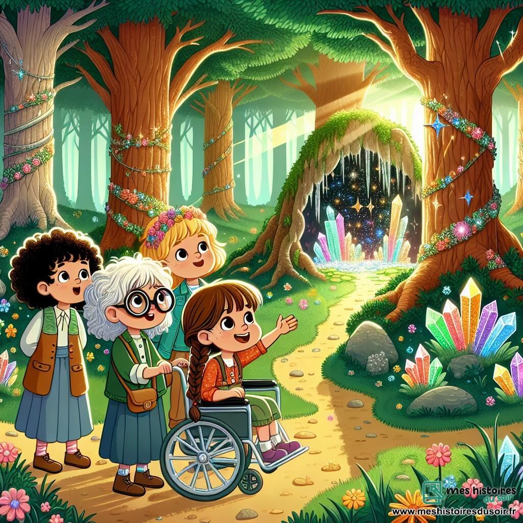 Dans une forêt mystérieuse, quatre petites aventurières se tiennent ensemble. Léa, 9 ans, avec des cheveux bouclés et des lunettes rondes, tient une carte au trésor. Camille, 8 ans, aux cheveux blonds, pointe une grotte scintillante. Émilie, 9 ans, avec des cheveux bruns et une tresse, est émerveillée. Sophie, 9 ans, avec des cheveux châtains et un fauteuil roulant décoré, observe la scène. La forêt est dense avec de grands arbres, des feuilles vertes et des rayons de soleil. Les quatre amies viennent de découvrir un coffre au trésor caché derrière les cristaux dans la grotte, prêtes pour une aventure inoubliable.
