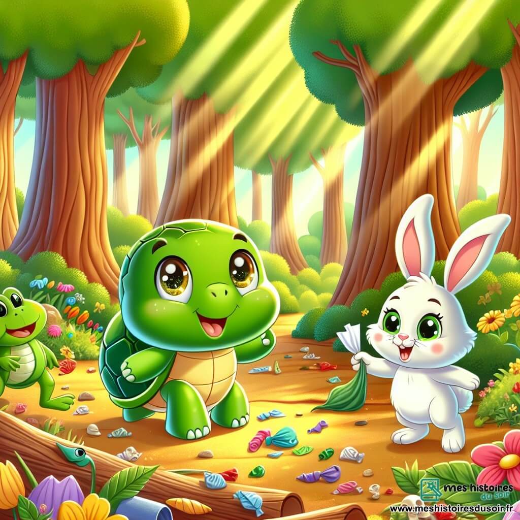 Une tortue verte nommée Tilly, avec une carapace brillante et des yeux curieux, se tient au centre, souriante et déterminée, ramassant des déchets dans une forêt ensoleillée. À sa droite, un lapin blanc nommé Benny bondit joyeusement, tenant un morceau de papier. À gauche, une grenouille verte nommée Gigi croasse avec enthousiasme, fière de participer. La forêt est luxuriante, avec de grands arbres, des fleurs colorées et un sol parsemé de feuilles dorées. Tilly, Benny et Gigi nettoient la forêt, entourés de déchets colorés, montrant l'importance de protéger la nature.