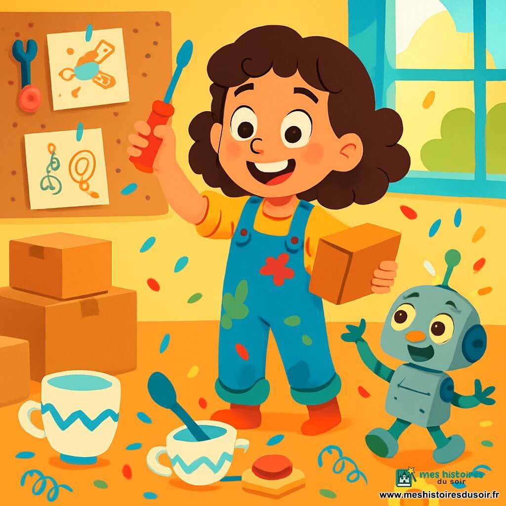 Lila, une jeune femme aux cheveux bouclés et bruns, porte une salopette bleue tachée de peinture et affiche un grand sourire émerveillé. Elle tient un tournevis dans une main et un carton dans l'autre, tandis qu'un petit robot en métal vibre d'enthousiasme à ses côtés. L'atelier, rempli de boîtes en carton, d'outils colorés et de confettis, est illuminé par la lumière du soleil. Lila teste sa dernière invention, une tasse qui suit une cuillère, en appuyant sur un bouton rouge, ce qui déclenche un mouvement joyeux de la tasse, entourée de confettis, créant une ambiance festive.